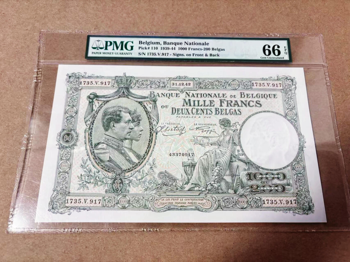 【Blue Auction】世界纸币精拍第635期【精】——16级TOP拍卖/信誉/品质/专业/高效💫 比利时 1939-44年1000法郎 超大票幅 PMG66EPQ 设计精美 