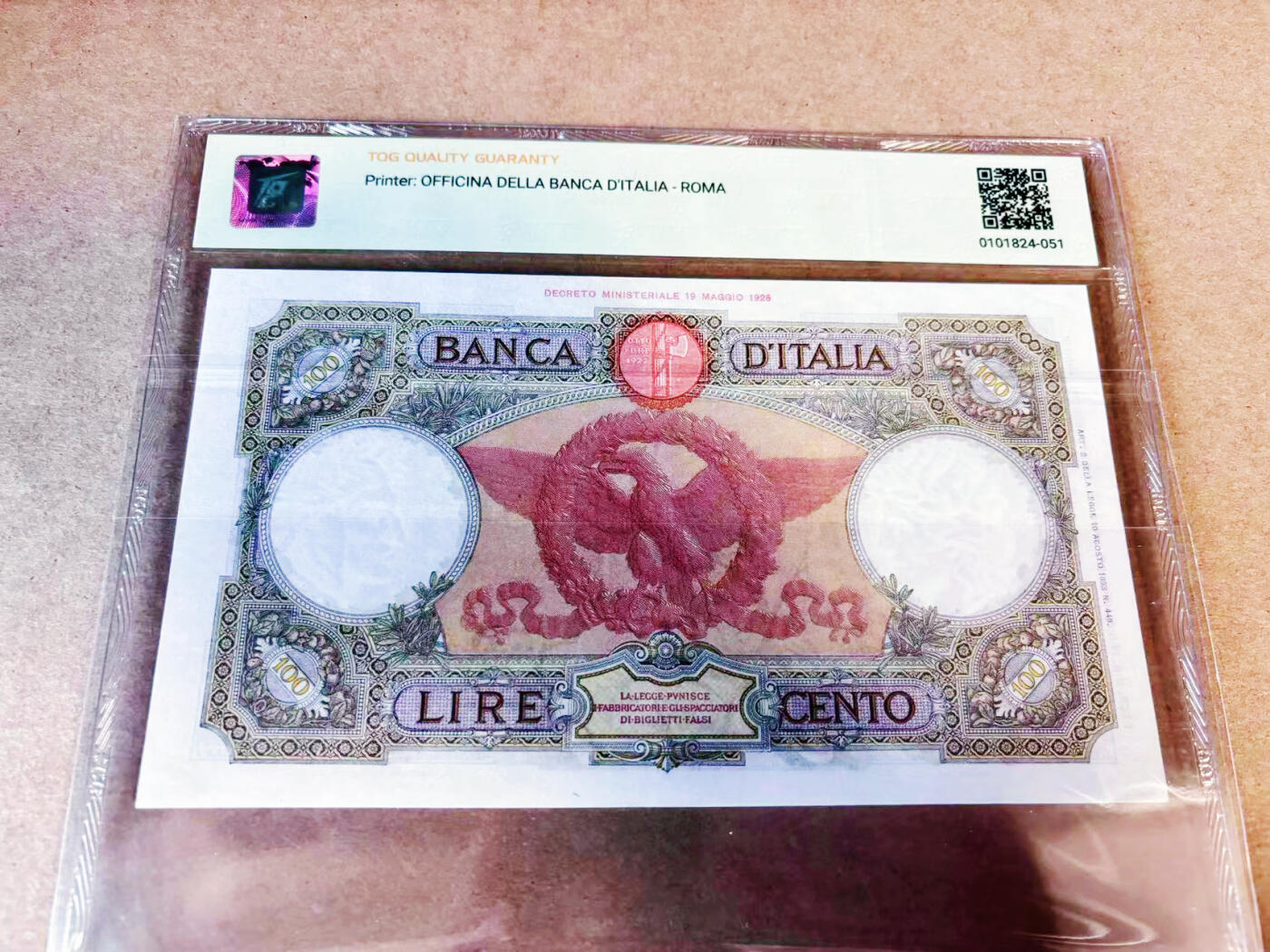 【Blue Auction】世界纸币精拍第635期【精】——16级TOP拍卖/信誉/品质/专业/高效💫 意大利 1940年100里拉 TQG58 设计精美 大票幅 