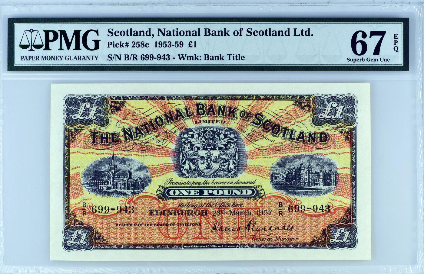 【Blue Auction】世界纸币精拍第635期【精】——16级TOP拍卖/信誉/品质/专业/高效💫 【冠军分少见】苏格兰 1957年1镑 PMG67EPQ 高分