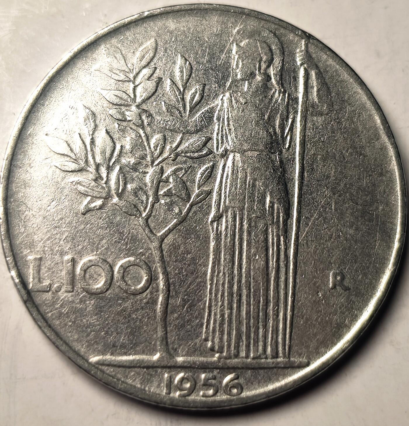 泉币菌-第10场-中外散币乐园 意大利1956-年100里拉合金钢币27.8mm智慧与战争女神弥涅耳瓦
