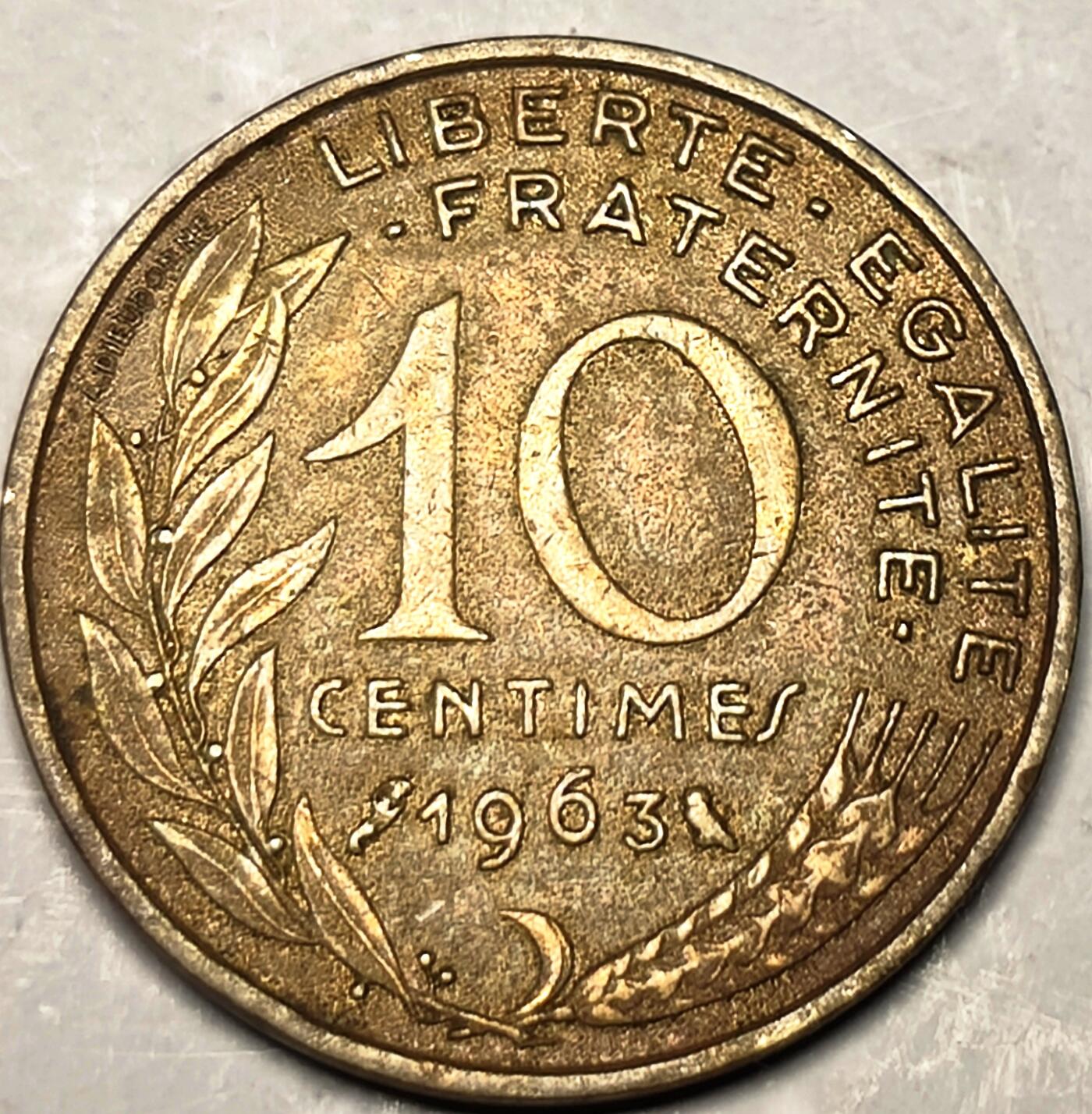 泉币菌-第10场-中外散币乐园 1963年 法国10生丁 玛丽安娜女神青铜币