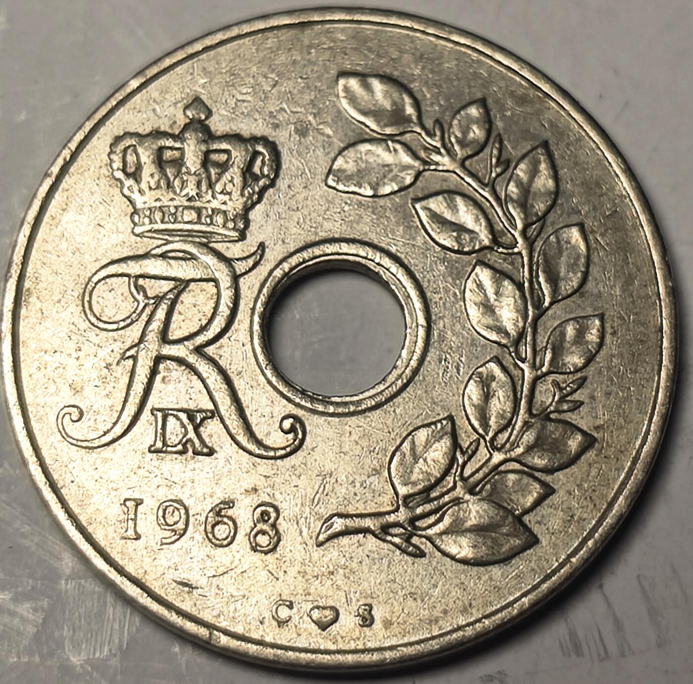 泉币菌-第10场-中外散币乐园 丹麦1968年 早期币 25欧尔镍币