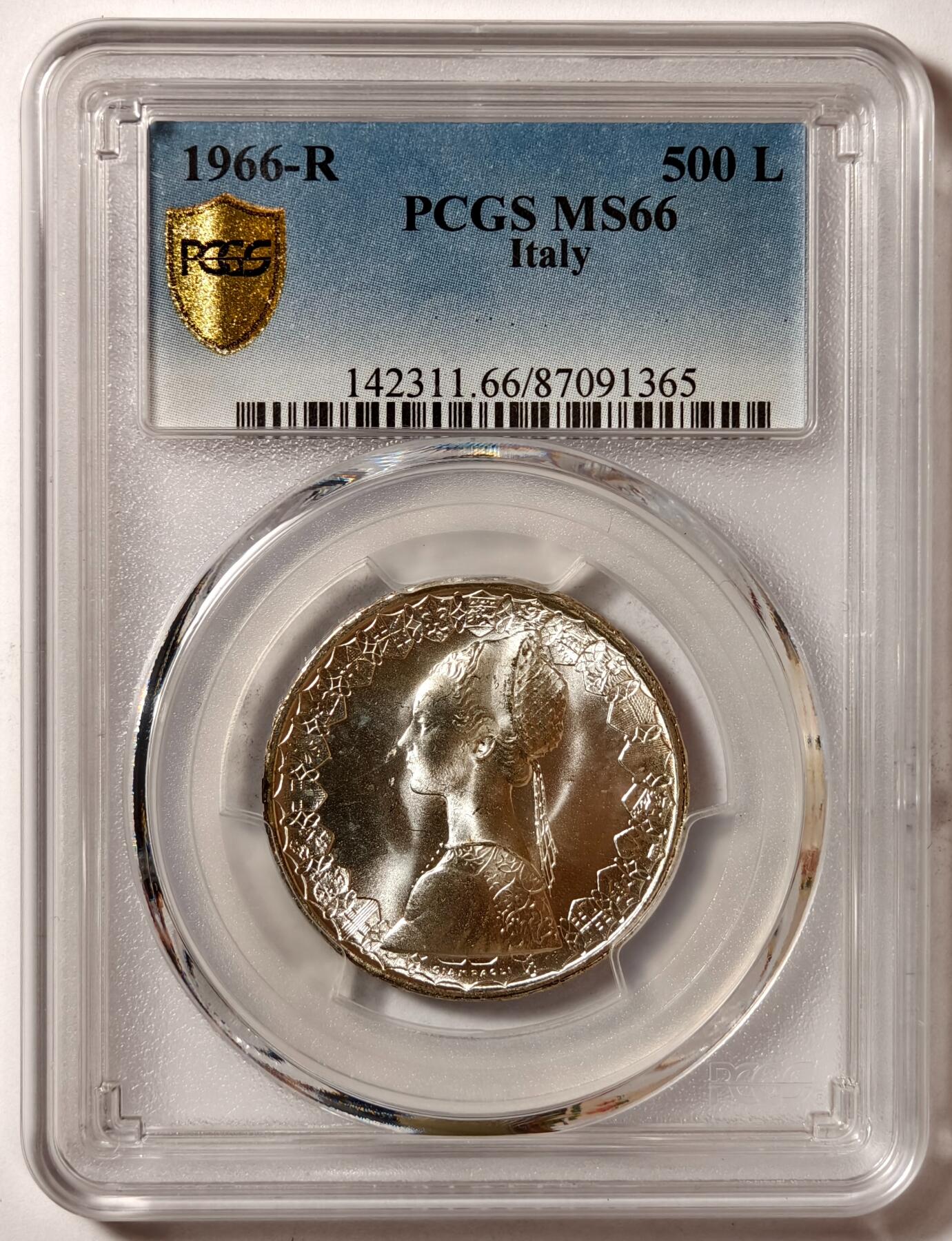 紫瑗钱币——第526期 意大利 1966年 R版 少女与帆船 500里拉 银币 PCGS MS66