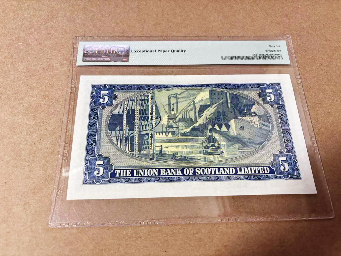 【Blue Auction】世界纸币精拍第635期【精】——16级TOP拍卖/信誉/品质/专业/高效💫 【003小号】苏格兰 1952年5镑 PMG66EPQ 大票幅 背面大场景设计精美 