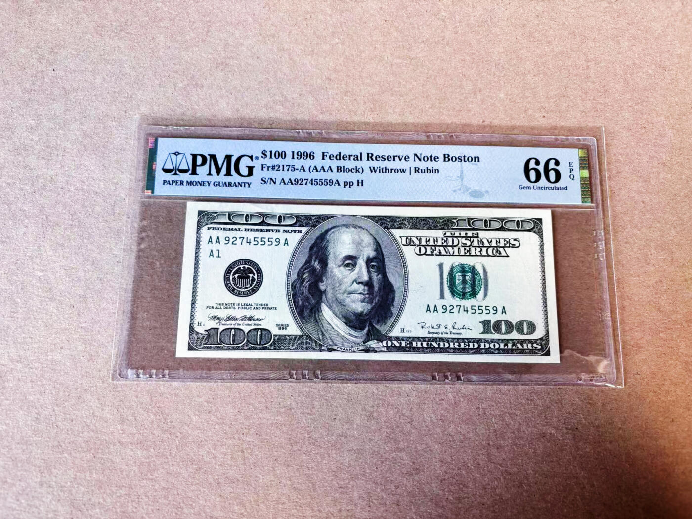 【Blue Auction】世界纸币精拍第635期【精】——16级TOP拍卖/信誉/品质/专业/高效💫 【AAA】美国 1996年100美金 PMG66EPQ 