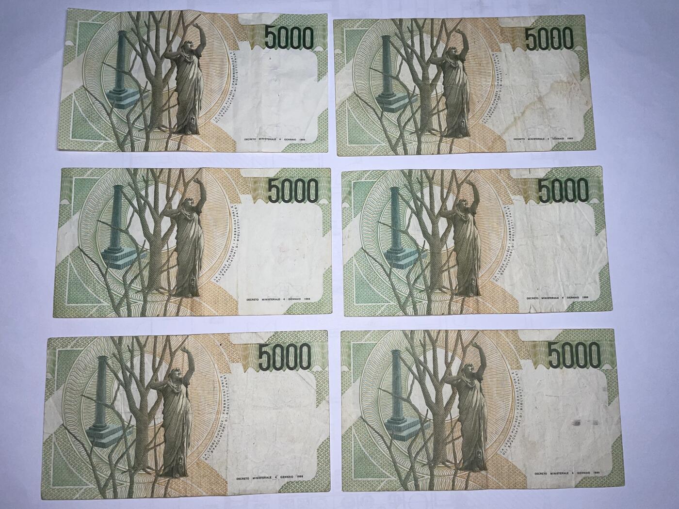 2025年集古藏今外币拍卖第三期-第10场—（总第220拍-纸币专场），本期拍完结算一次，发货时间2-3天，休息几天后继续新的一期拍卖。 1985年意大利5000里拉6张