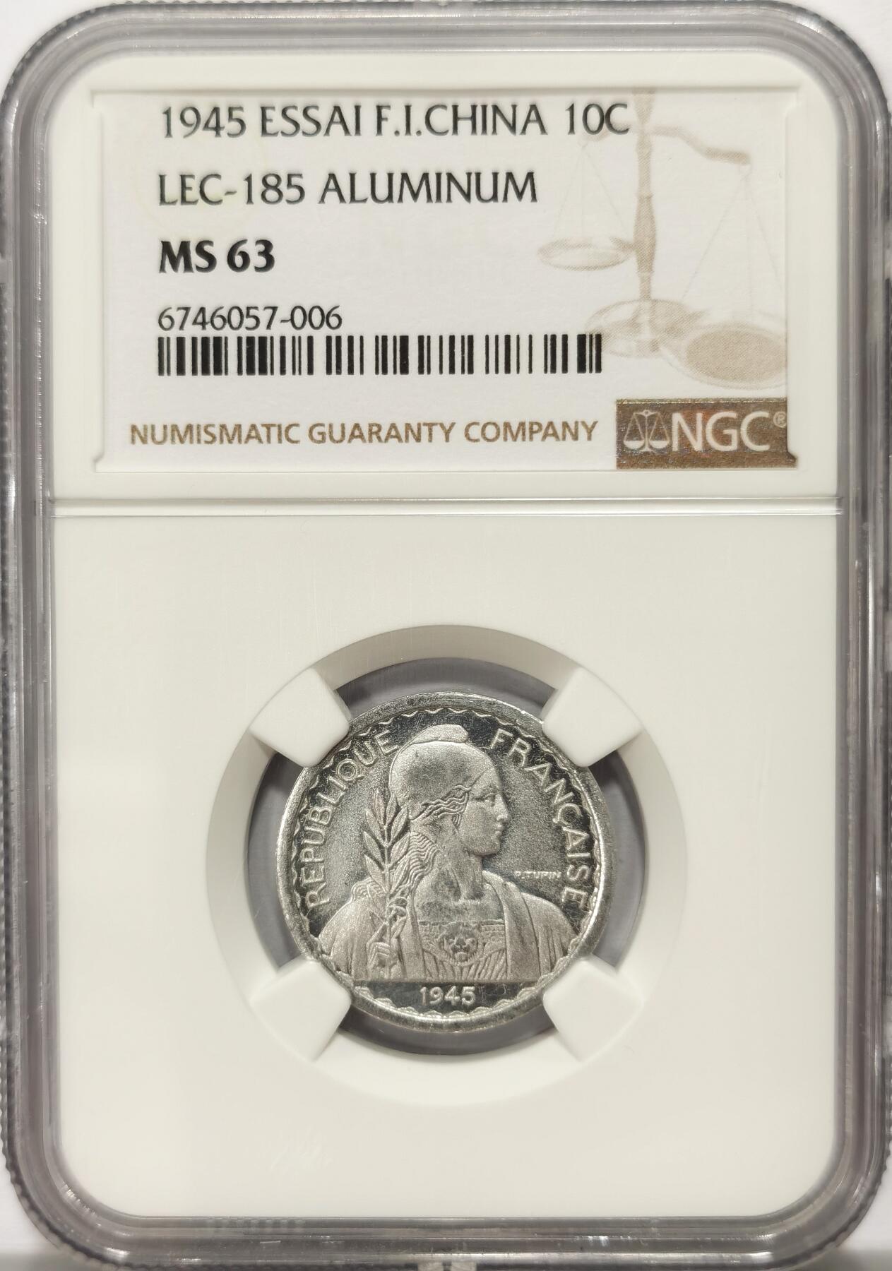 博洋堂世界钱币拍卖第115期（全场包邮） NGC MS63 印度支那1945年女神10分Essai样币。大热门品种的样币！精细度和底板比普制规格完全不同的机制样币！