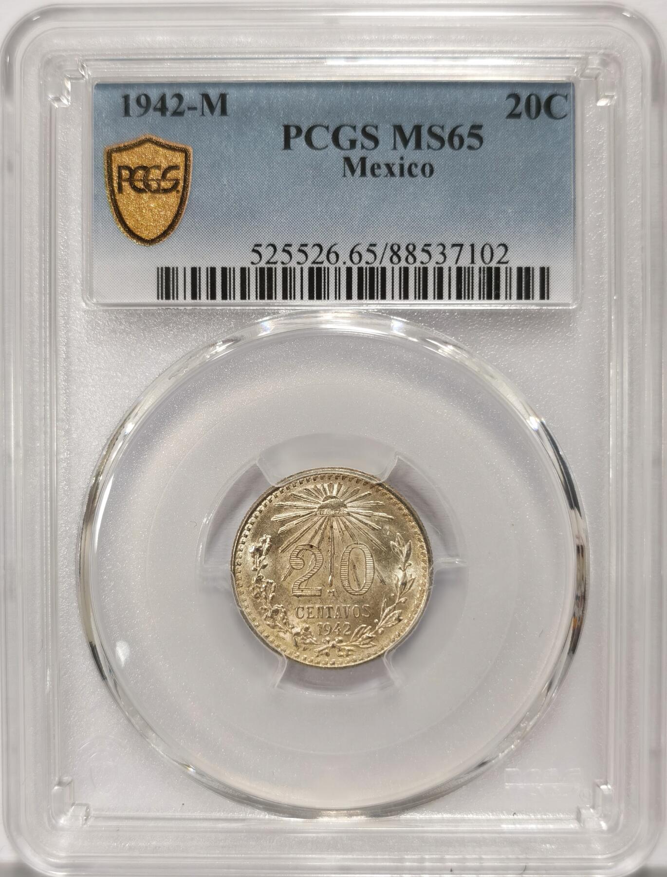 博洋堂世界钱币拍卖第115期（全场包邮） PCGS MS65 墨西哥1942年20分鹰洋银币