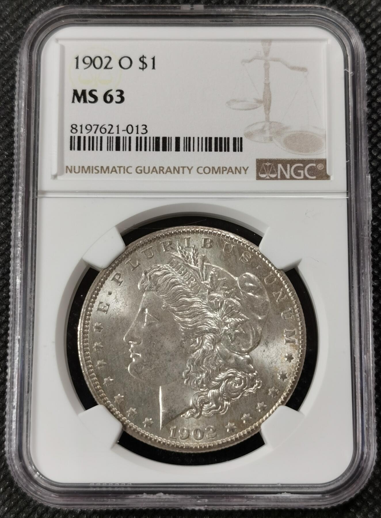 甄臻铺-世界钱币拍卖（第9期）新铺开张，欢迎捧场 NGC-MS63 1902年O版美国摩根银币，强转光，少年份
