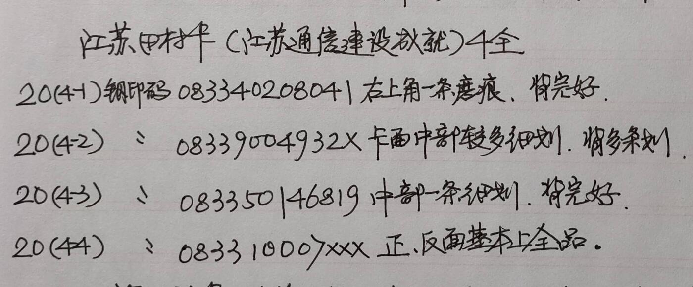 公藏第40期裸卡拍卖 江苏田村卡（通信建设成就）4全，品相钢印码见描述。