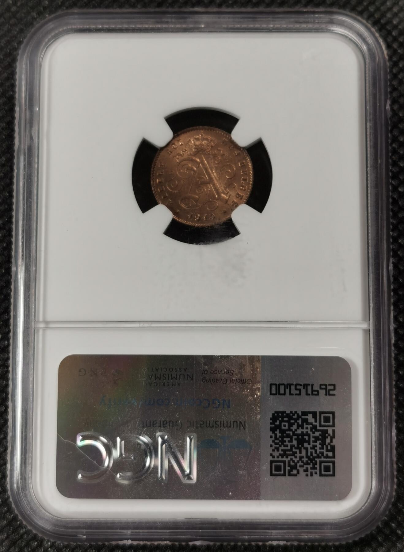 甄臻铺-世界钱币拍卖（第9期）新铺开张，欢迎捧场 NGC-MS65RB 1914比利时小铜币很经典的图案，实物光感非常好，ngc评级亚军分
