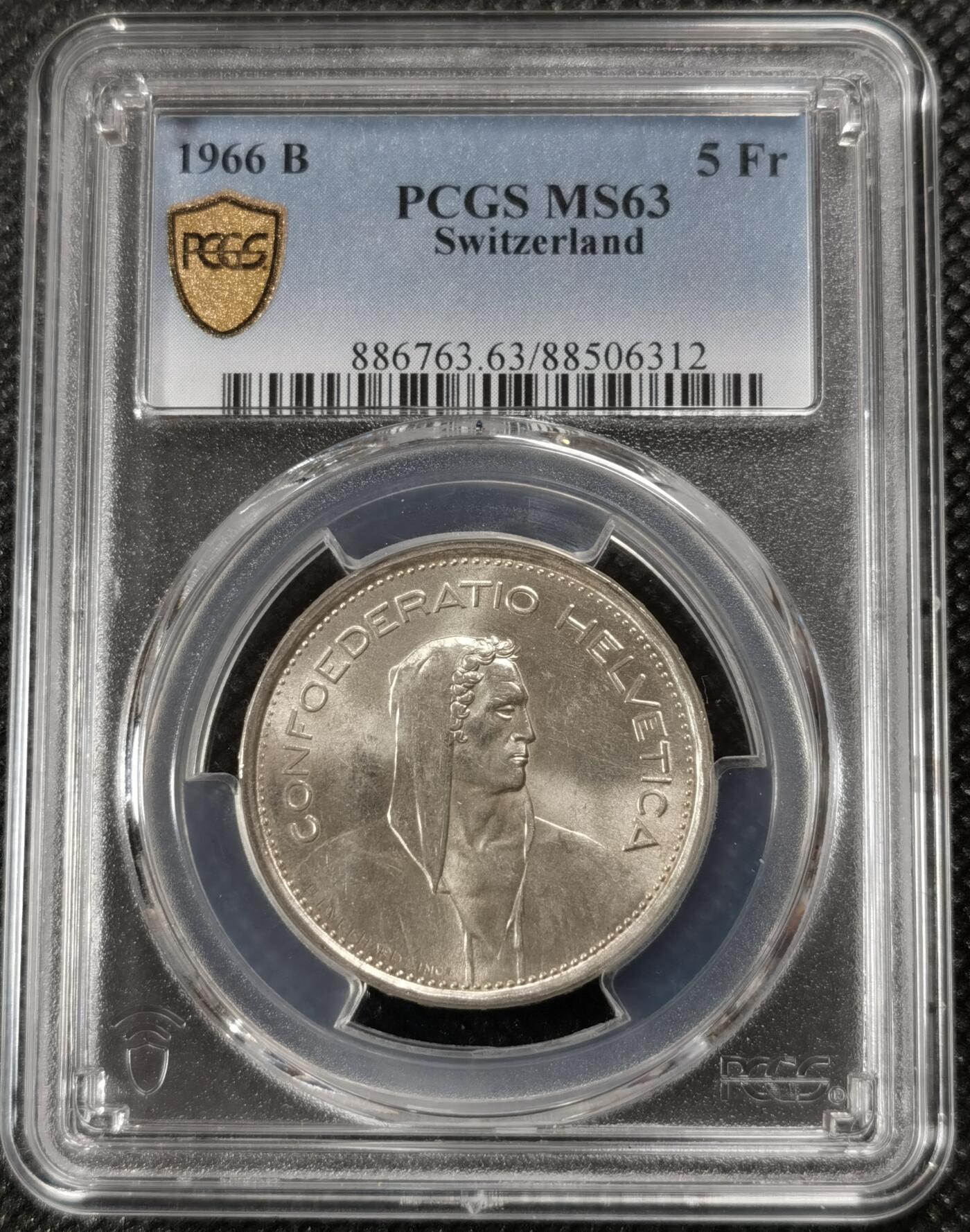 甄臻铺-世界钱币拍卖（第9期）新铺开张，欢迎捧场 PCGS-MS63 瑞士 1966B 5法郎 威廉特尔 状态不错