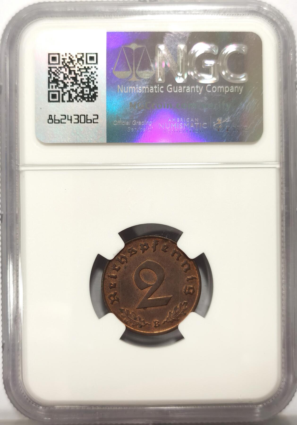 博洋堂世界钱币拍卖第115期（全场包邮） NGC MS63RB 德国1939年B版2芬尼铜币，越来越热门的东西。