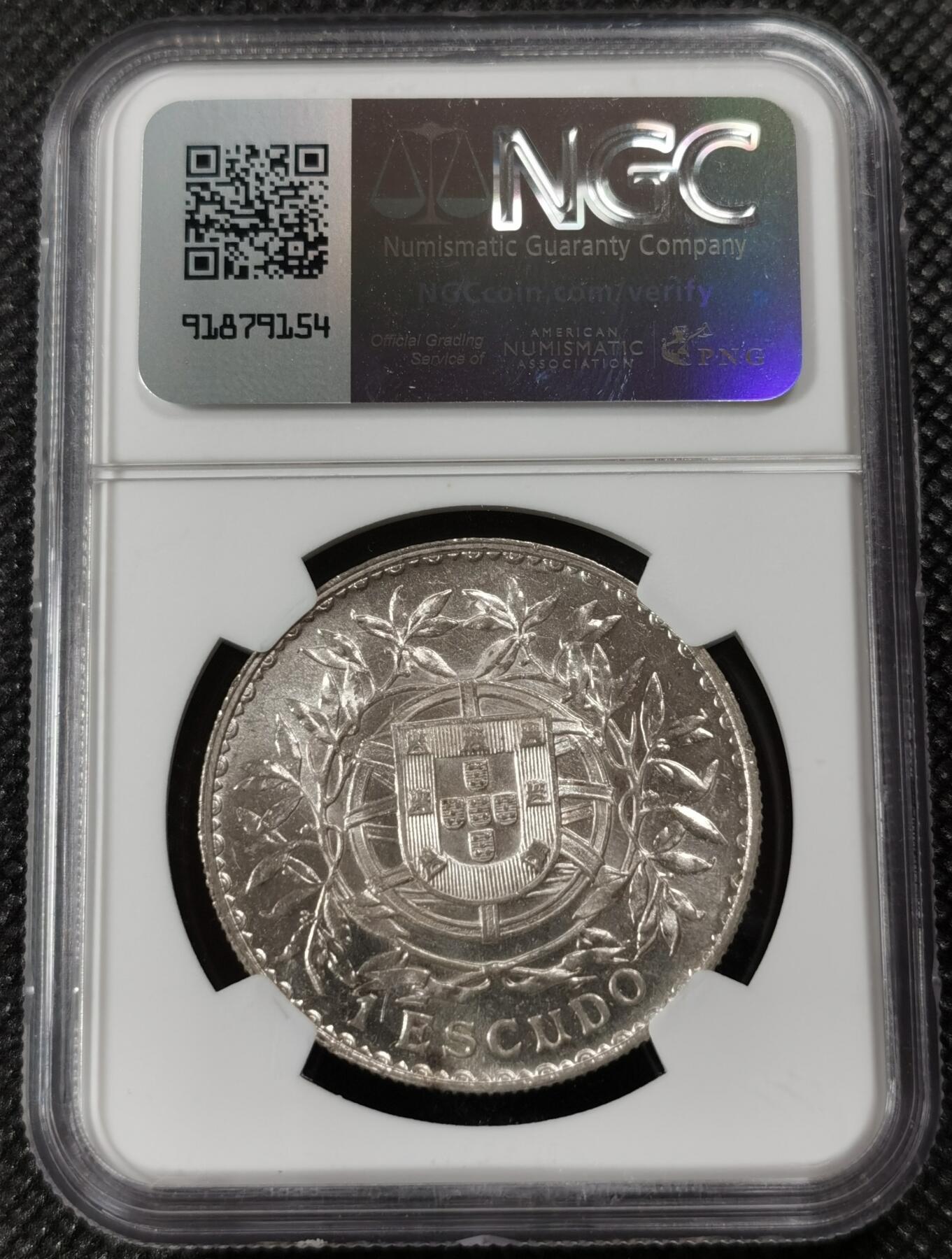 甄臻铺-世界钱币拍卖（第9期）新铺开张，欢迎捧场 NGC-MS62 1916年葡萄牙1埃斯库多大银币，谷物女神，收藏佳品，背面PL质感