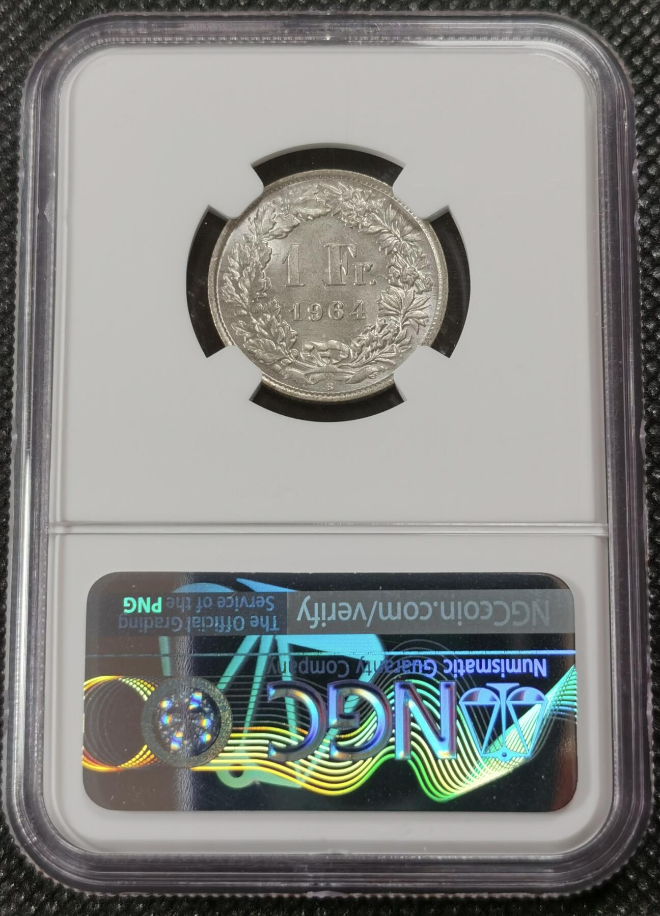 甄臻铺-世界钱币拍卖（第9期）新铺开张，欢迎捧场 NGC-MS64 瑞士 1964B 1法郎 状态不错