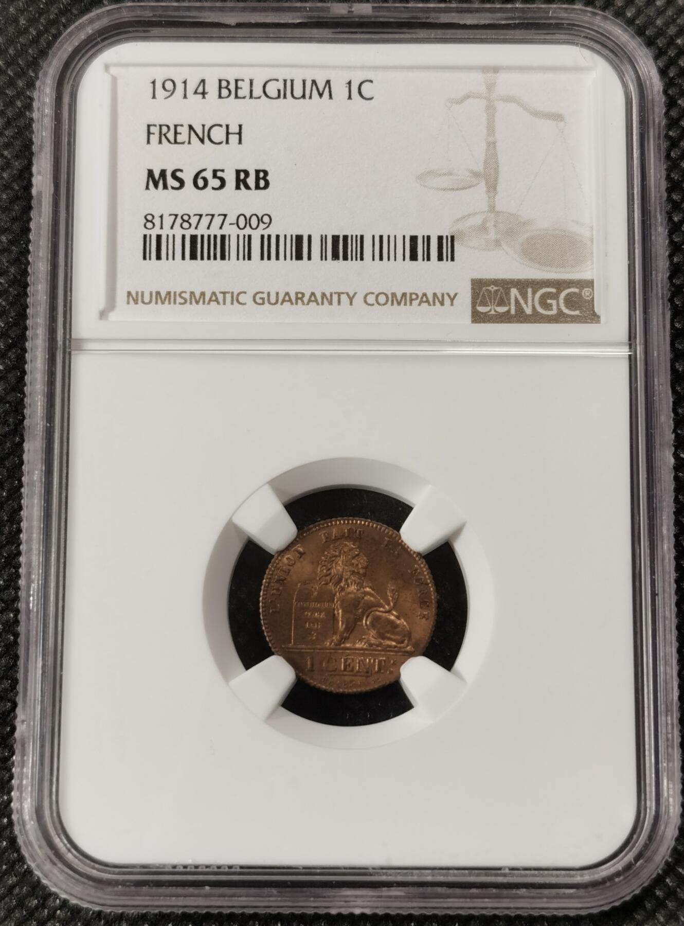 甄臻铺-世界钱币拍卖（第9期）新铺开张，欢迎捧场 NGC-MS65RB 1914比利时小铜币很经典的图案，实物光感非常好，ngc评级亚军分