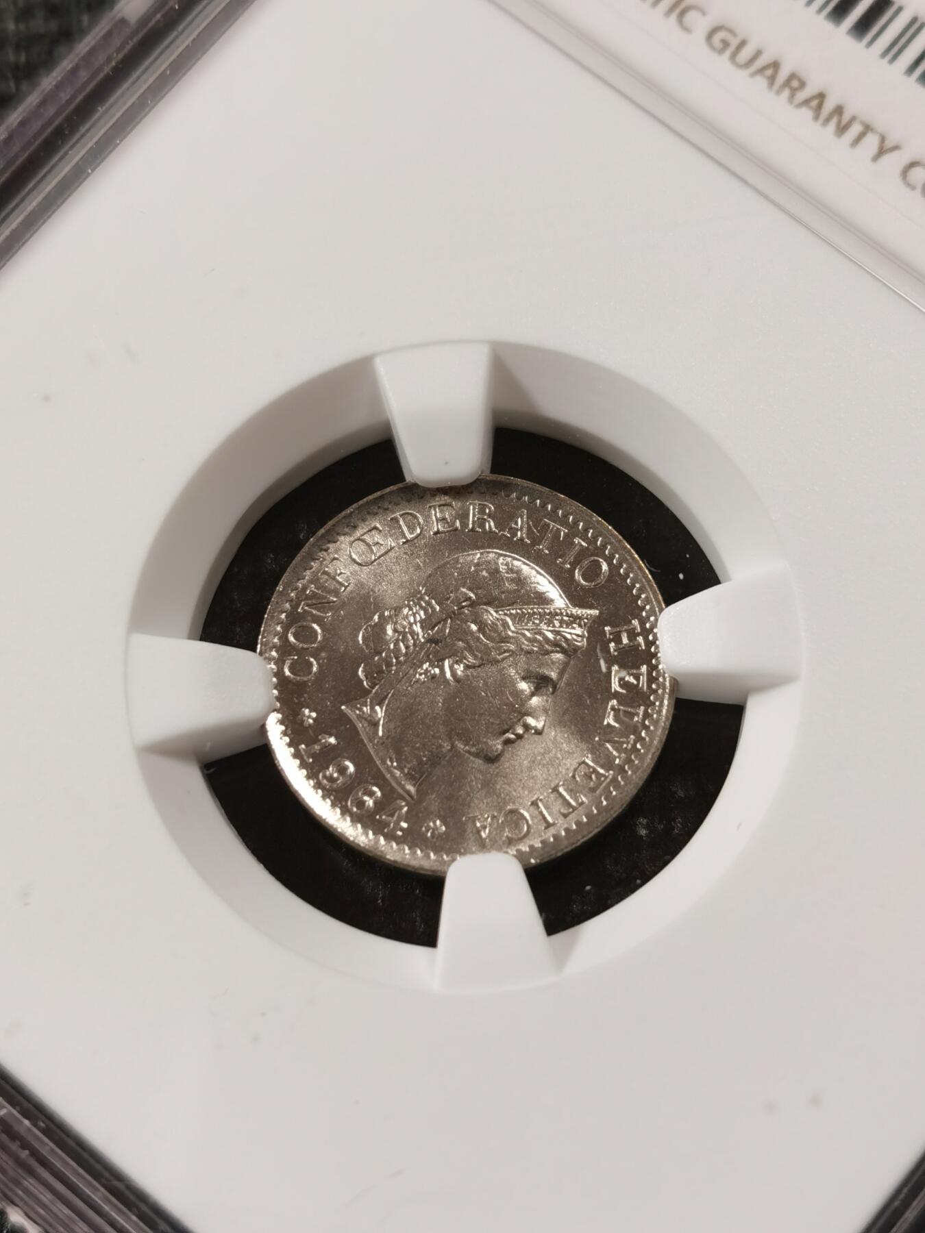 甄臻铺-世界钱币拍卖（第9期）新铺开张，欢迎捧场 NGC-MS64 瑞士 1964B 5分 状态不错
