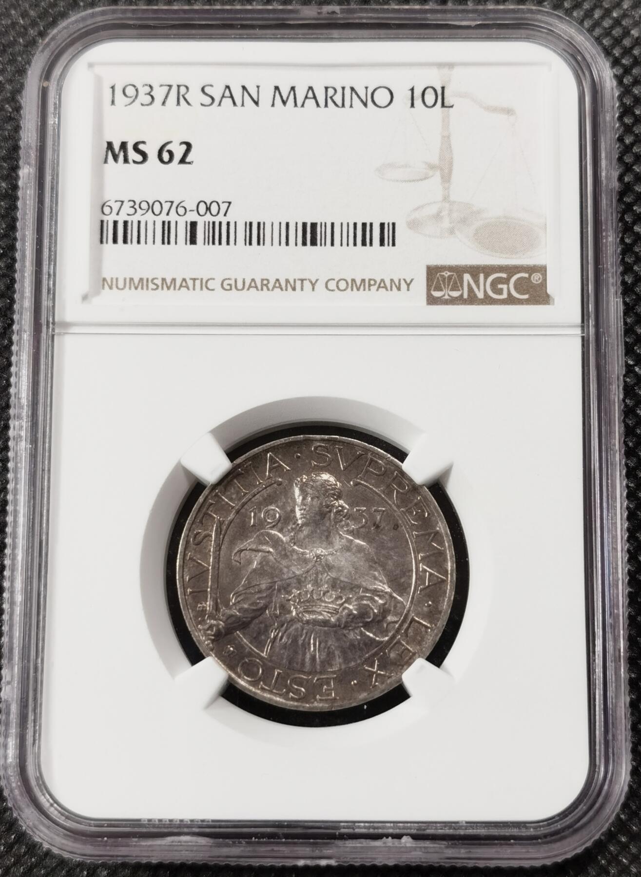 甄臻铺-世界钱币拍卖（第9期）新铺开张，欢迎捧场 NGC-MS62 圣马力诺1937年10里拉，发行量13万枚，好包浆