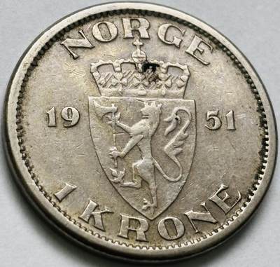 文馨钱币收藏第 231 场，北欧五国➕英系专场 - 少见美品 1951 年挪威 1 克朗，哈康七世国王单独年份版