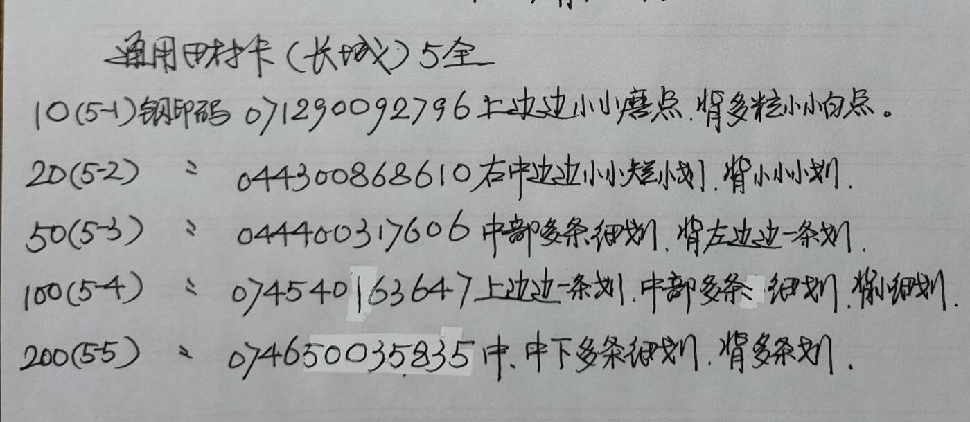 公藏第40期裸卡拍卖 通用田村卡（长城）5全，品相钢印码见描述。