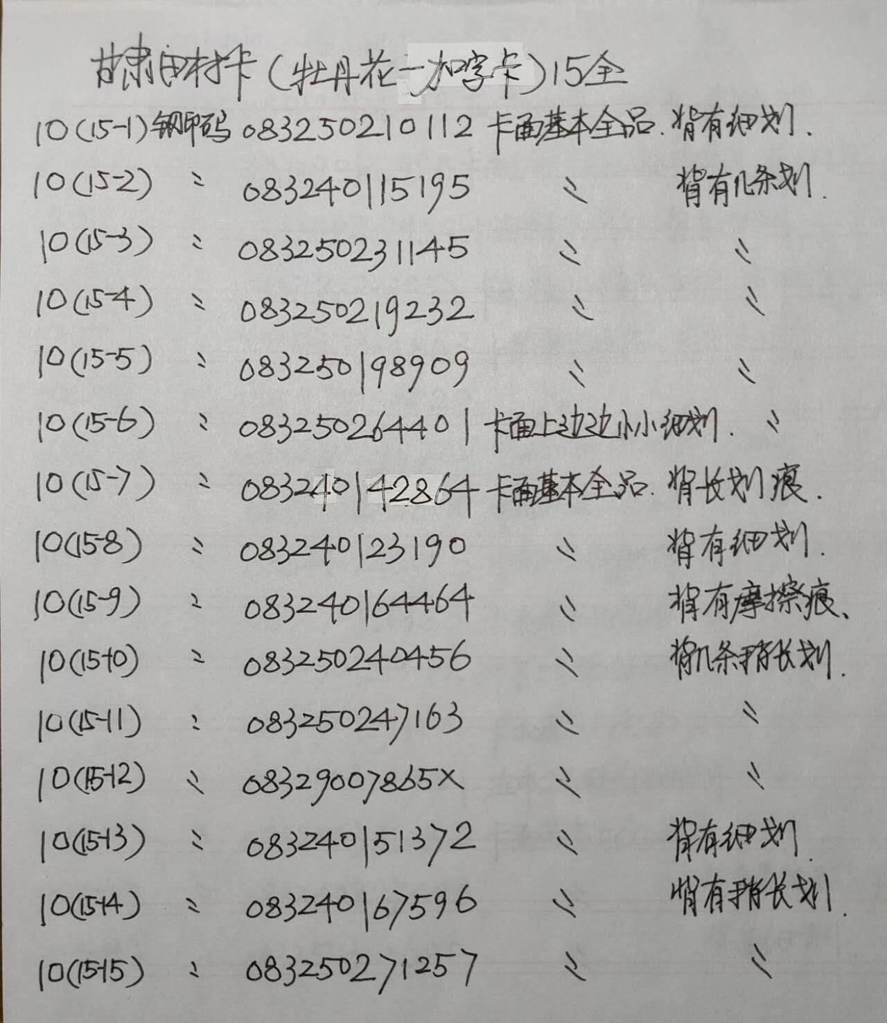 公藏第40期裸卡拍卖 甘肃田村卡（牡丹花加字卡-第9届国际集邮博览）15全，品相钢印码见描述。