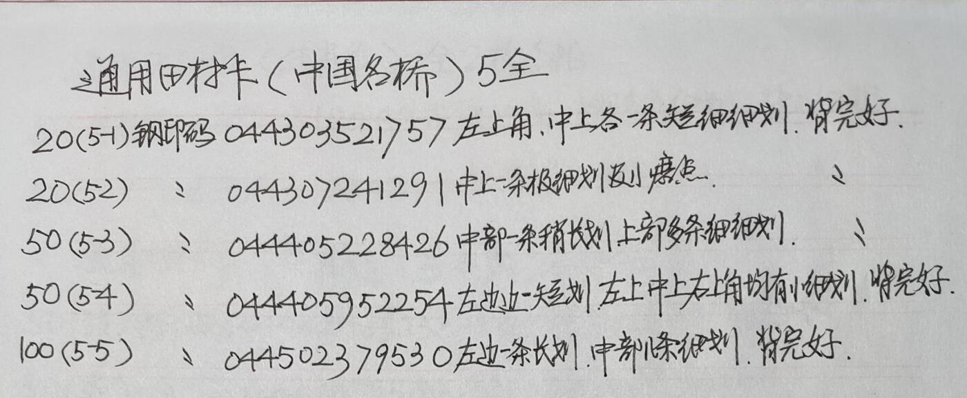 公藏第40期裸卡拍卖 通用田村卡（中国名桥）5全，品相钢印码见描述。