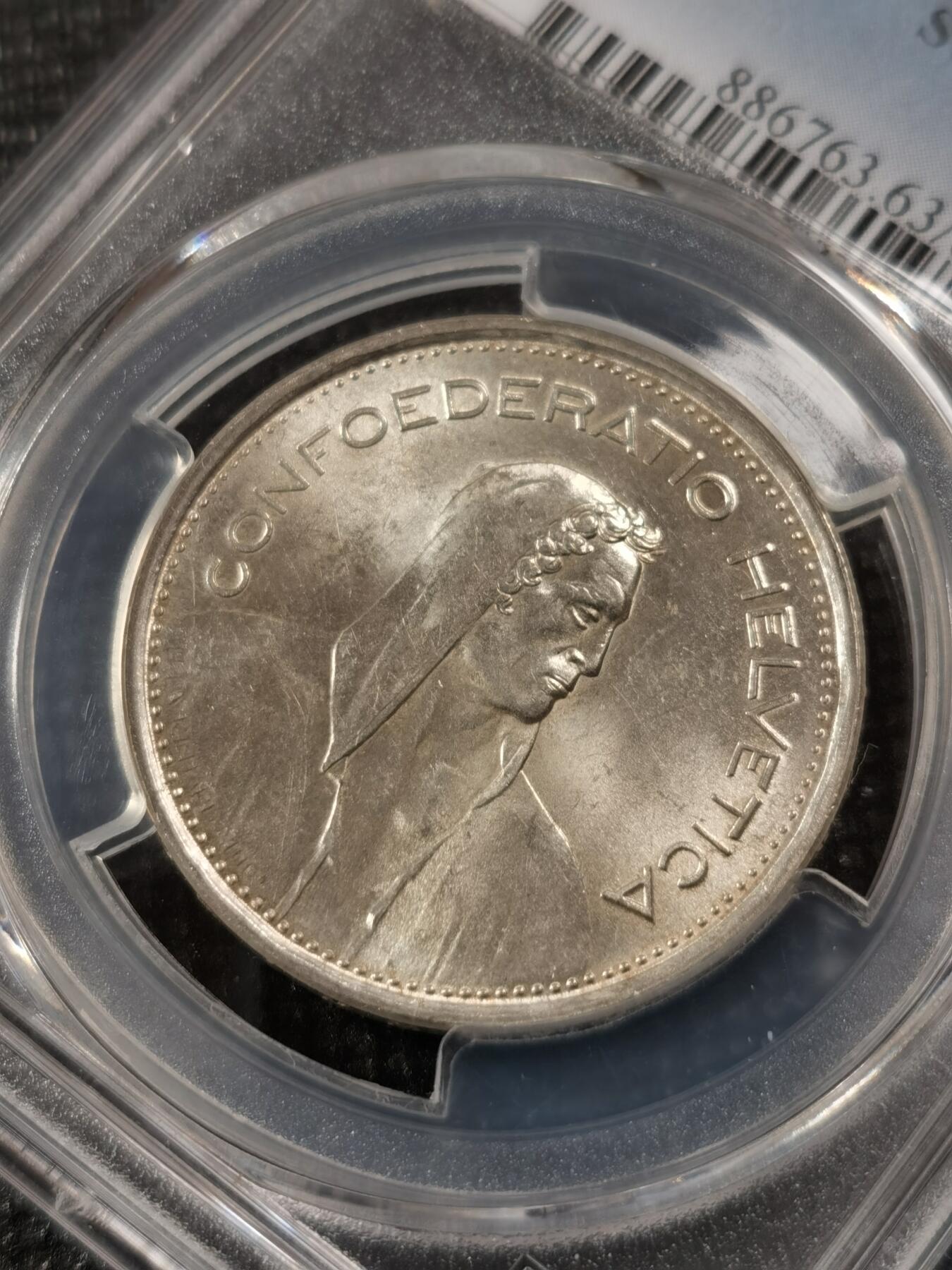 甄臻铺-世界钱币拍卖（第9期）新铺开张，欢迎捧场 PCGS-MS63 瑞士 1966B 5法郎 威廉特尔 状态不错