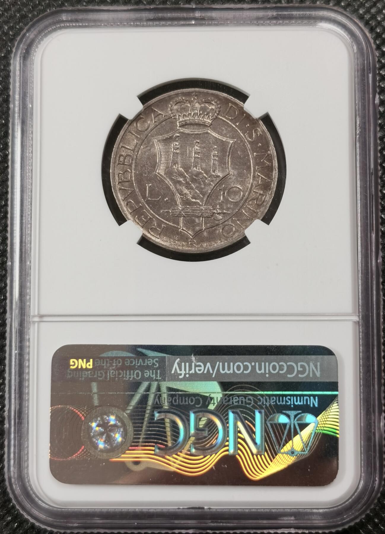 甄臻铺-世界钱币拍卖（第9期）新铺开张，欢迎捧场 NGC-MS62 圣马力诺1937年10里拉，发行量13万枚，好包浆
