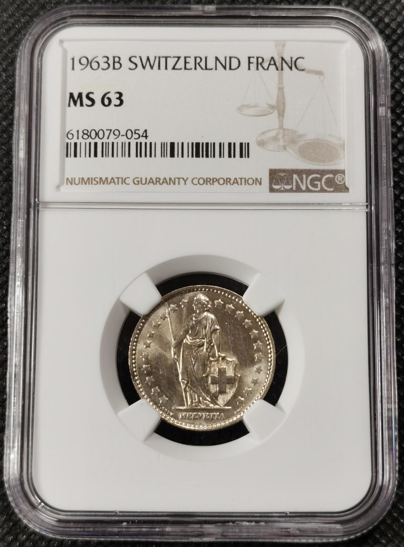 甄臻铺-世界钱币拍卖（第9期）新铺开张，欢迎捧场 NGC-MS63 瑞士 1963B 1法郎 状态不错