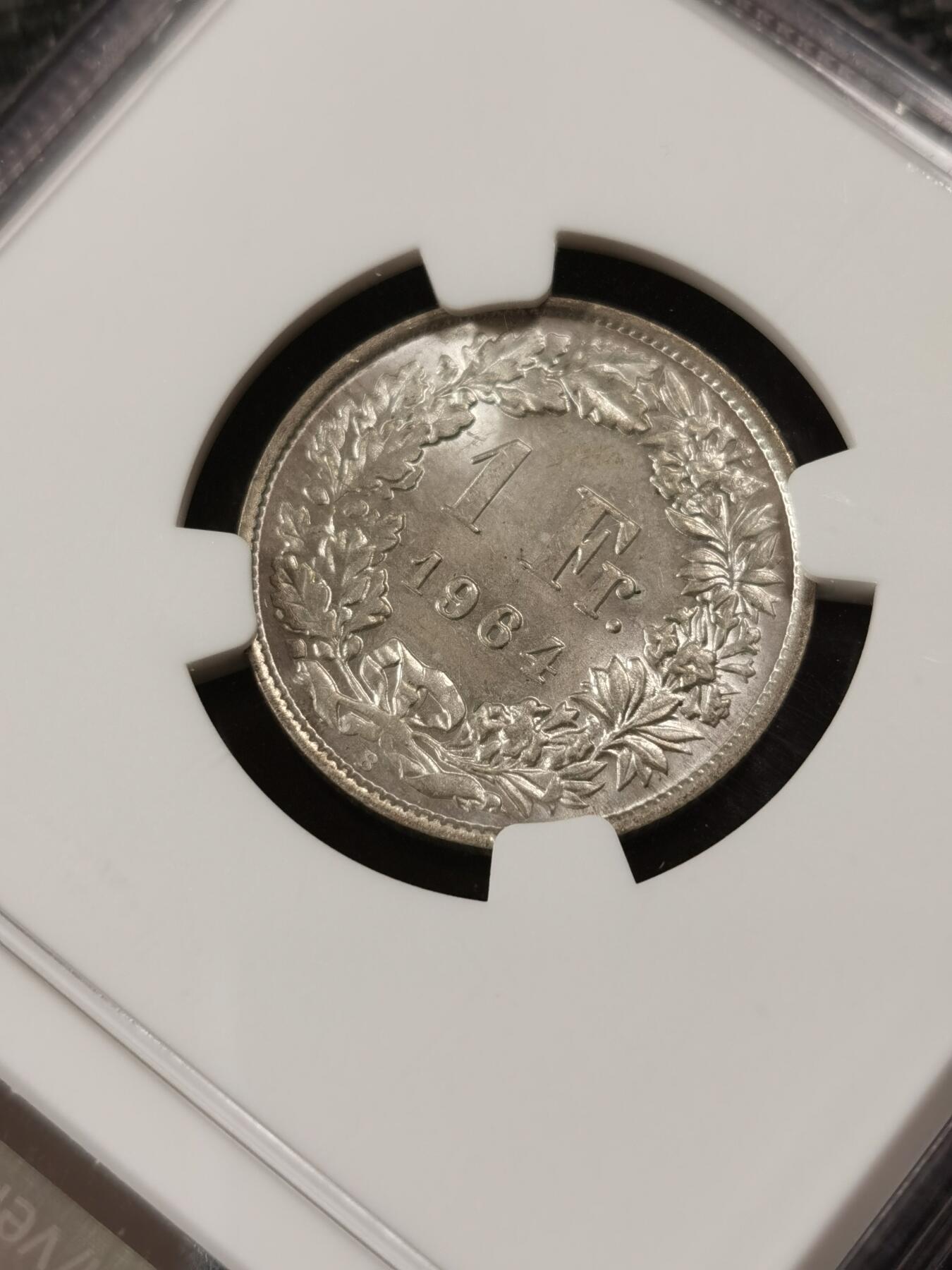 甄臻铺-世界钱币拍卖（第9期）新铺开张，欢迎捧场 NGC-MS64 瑞士 1964B 1法郎 状态不错
