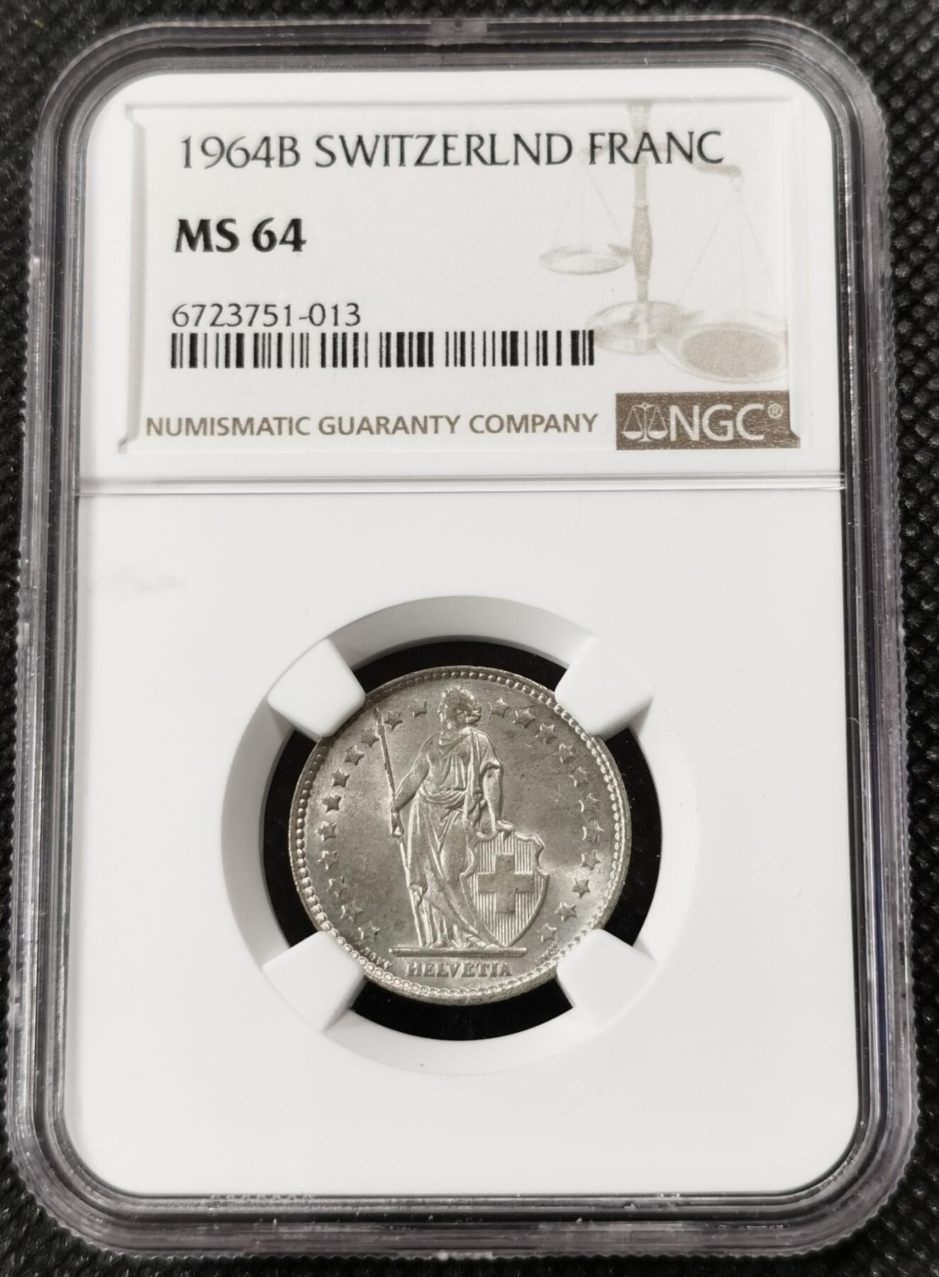 甄臻铺-世界钱币拍卖（第9期）新铺开张，欢迎捧场 NGC-MS64 瑞士 1964B 1法郎 状态不错