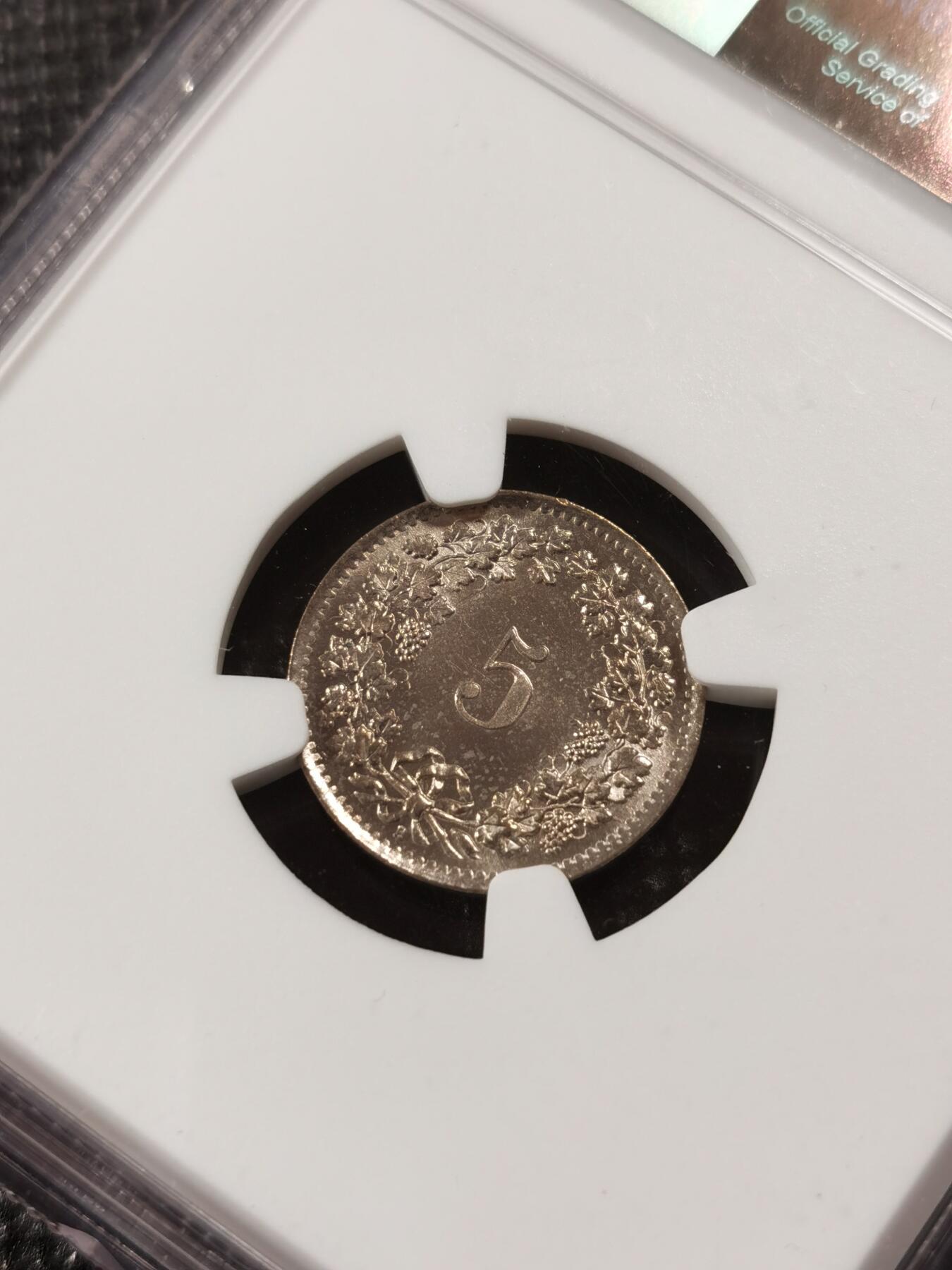甄臻铺-世界钱币拍卖（第9期）新铺开张，欢迎捧场 NGC-MS64 瑞士 1964B 5分 状态不错