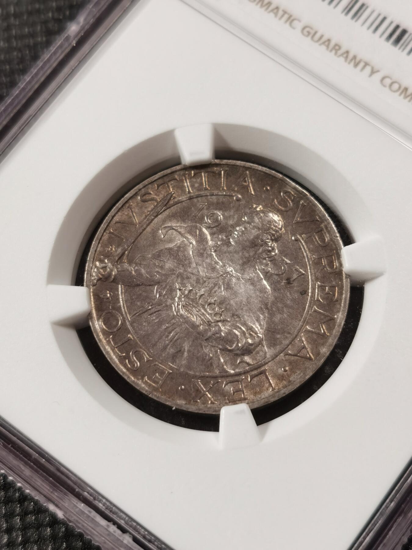 甄臻铺-世界钱币拍卖（第9期）新铺开张，欢迎捧场 NGC-MS62 圣马力诺1937年10里拉，发行量13万枚，好包浆