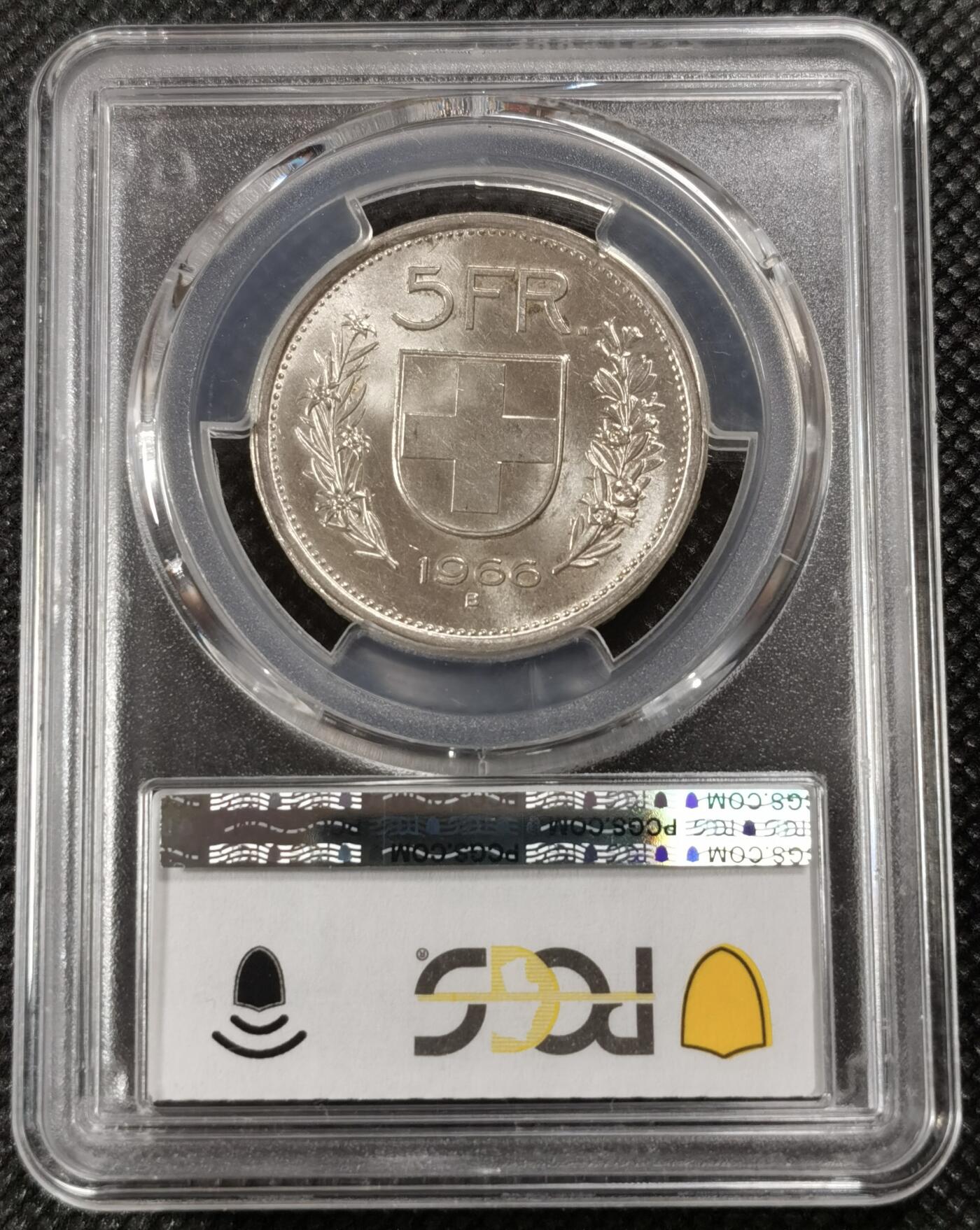 甄臻铺-世界钱币拍卖（第9期）新铺开张，欢迎捧场 PCGS-MS63 瑞士 1966B 5法郎 威廉特尔 状态不错