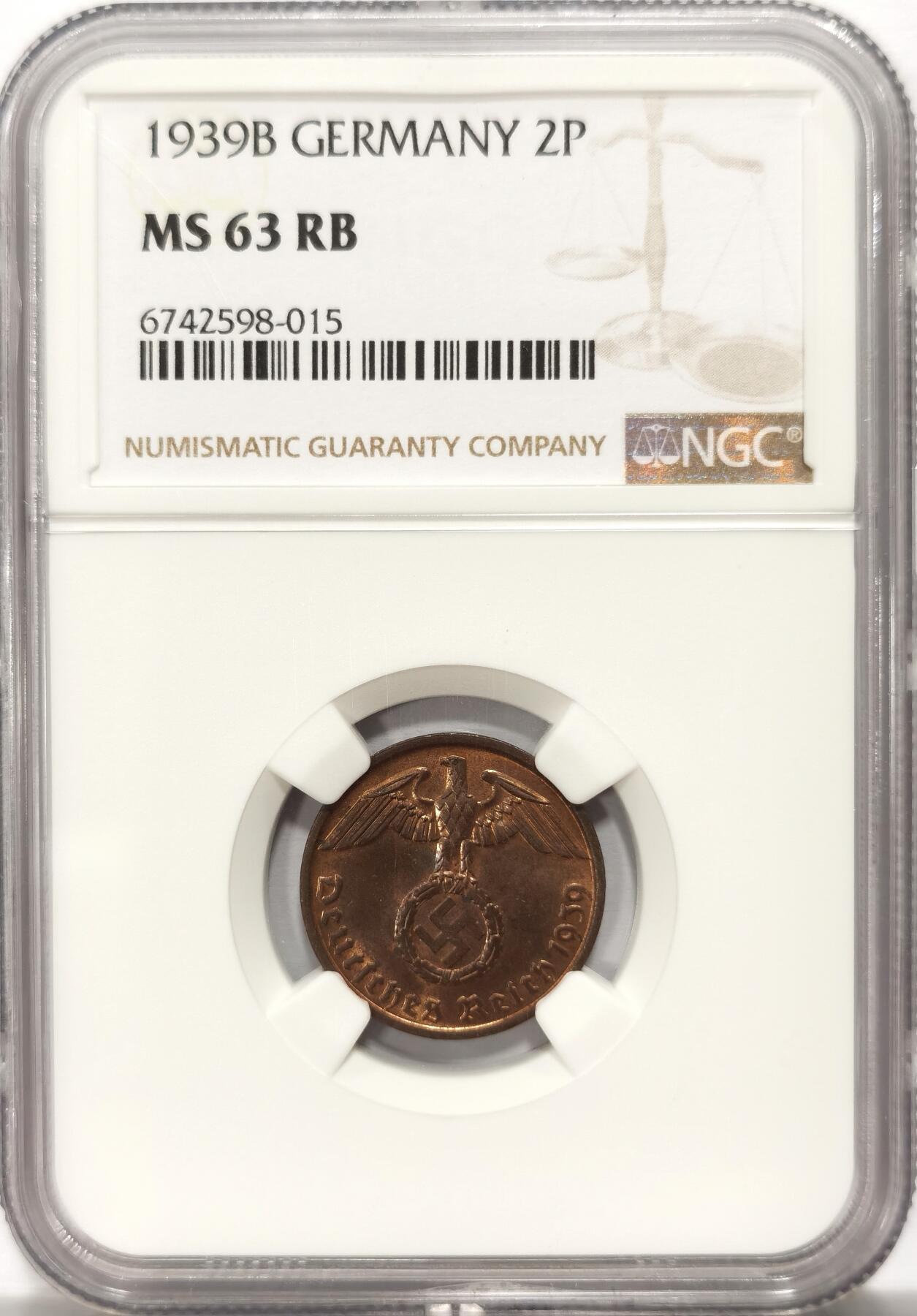 博洋堂世界钱币拍卖第115期（全场包邮） NGC MS63RB 德国1939年B版2芬尼铜币，越来越热门的东西。