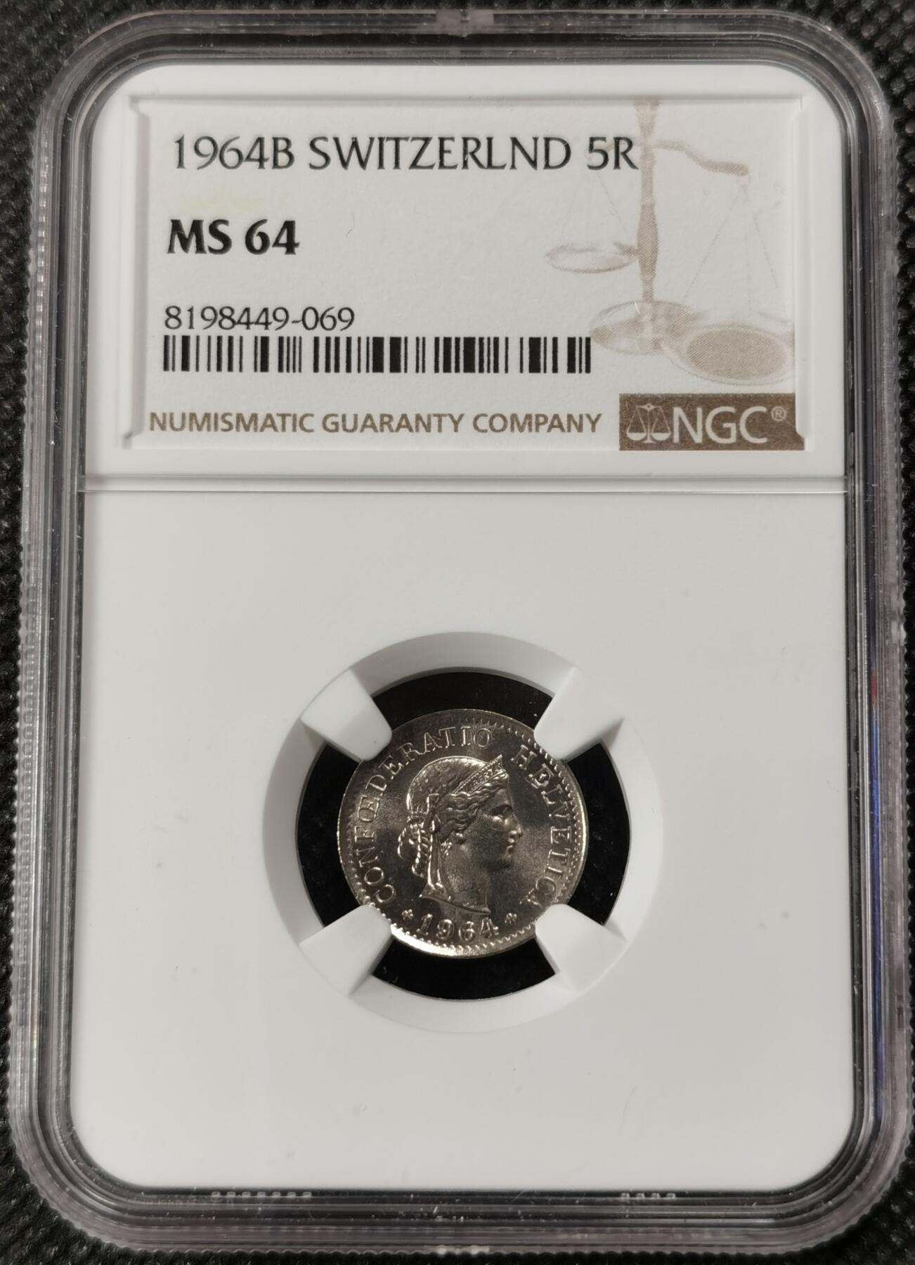甄臻铺-世界钱币拍卖（第9期）新铺开张，欢迎捧场 NGC-MS64 瑞士 1964B 5分 状态不错