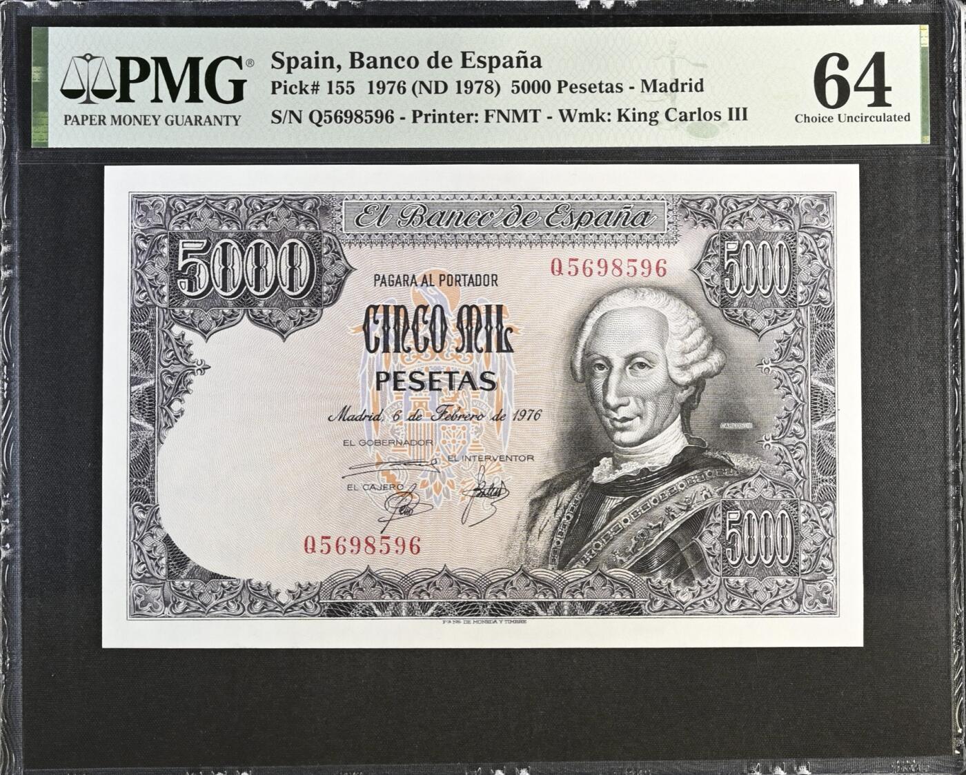 《艾美收藏》第192期-周日外币精品靓号 西班牙5000比塞塔 PMG64 1976年 西班牙国王卡洛斯三世 无47 严评裸币剪壳收藏首选