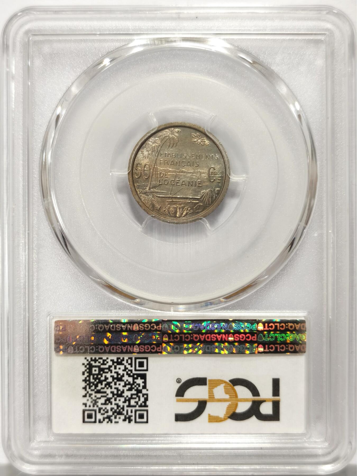 博洋堂世界钱币拍卖第115期（全场包邮） PCGS SP65 法属大洋洲1949年50分女神样币。流通币是铝的。这款样币是铜镍合金，极其稀有！