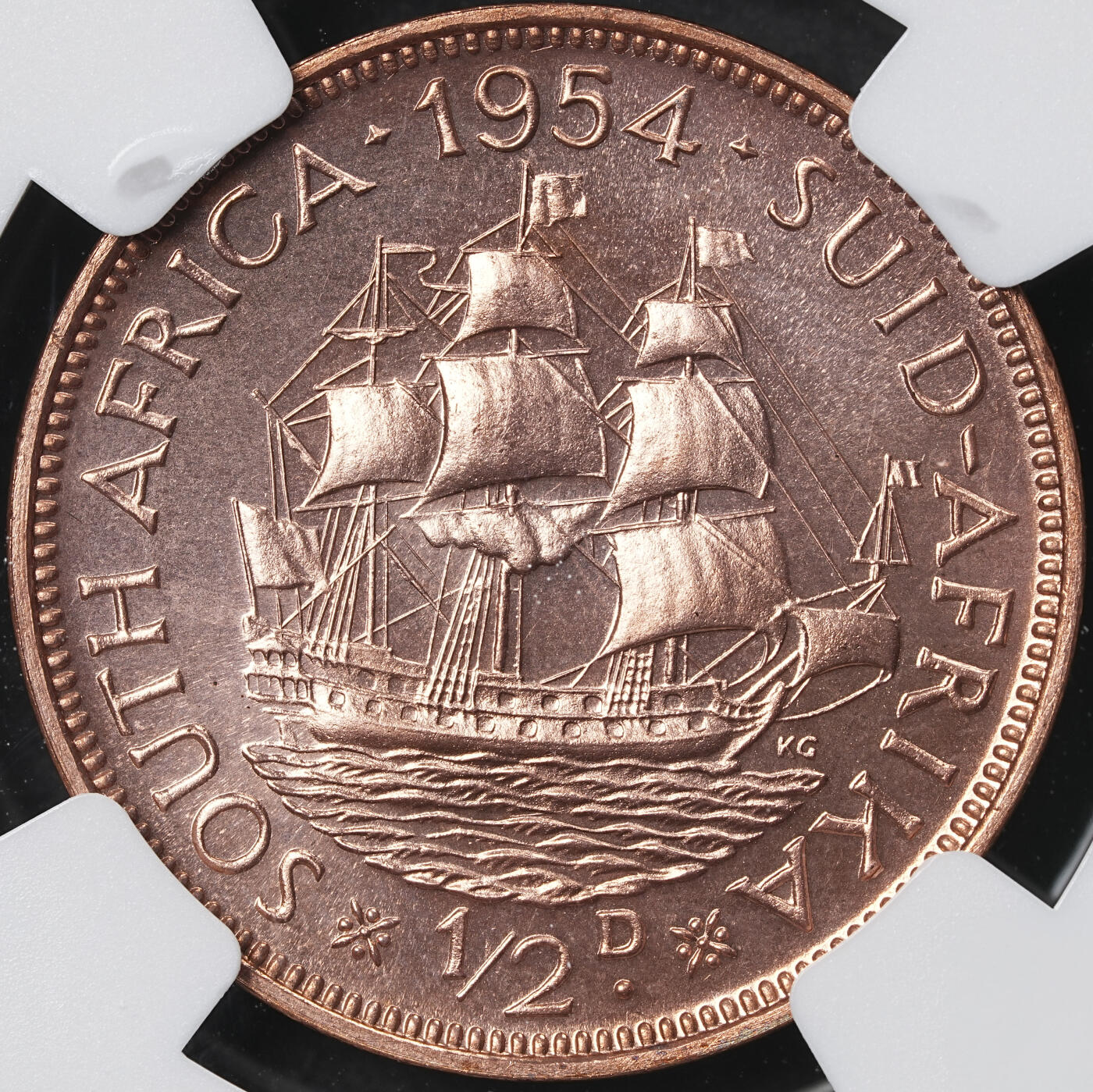 修遠堂世界钱币第六十二期 NGC PF67RD 1954年南非1/2便士精制铜币 仅铸造3150枚 RD顶级状态 冠军分