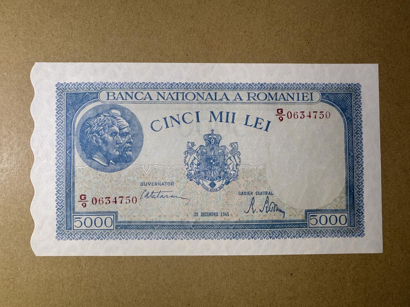 《艾美收藏》第192期-周日外币精品靓号 罗马尼亚5000列伊 UNC 1945年老版本