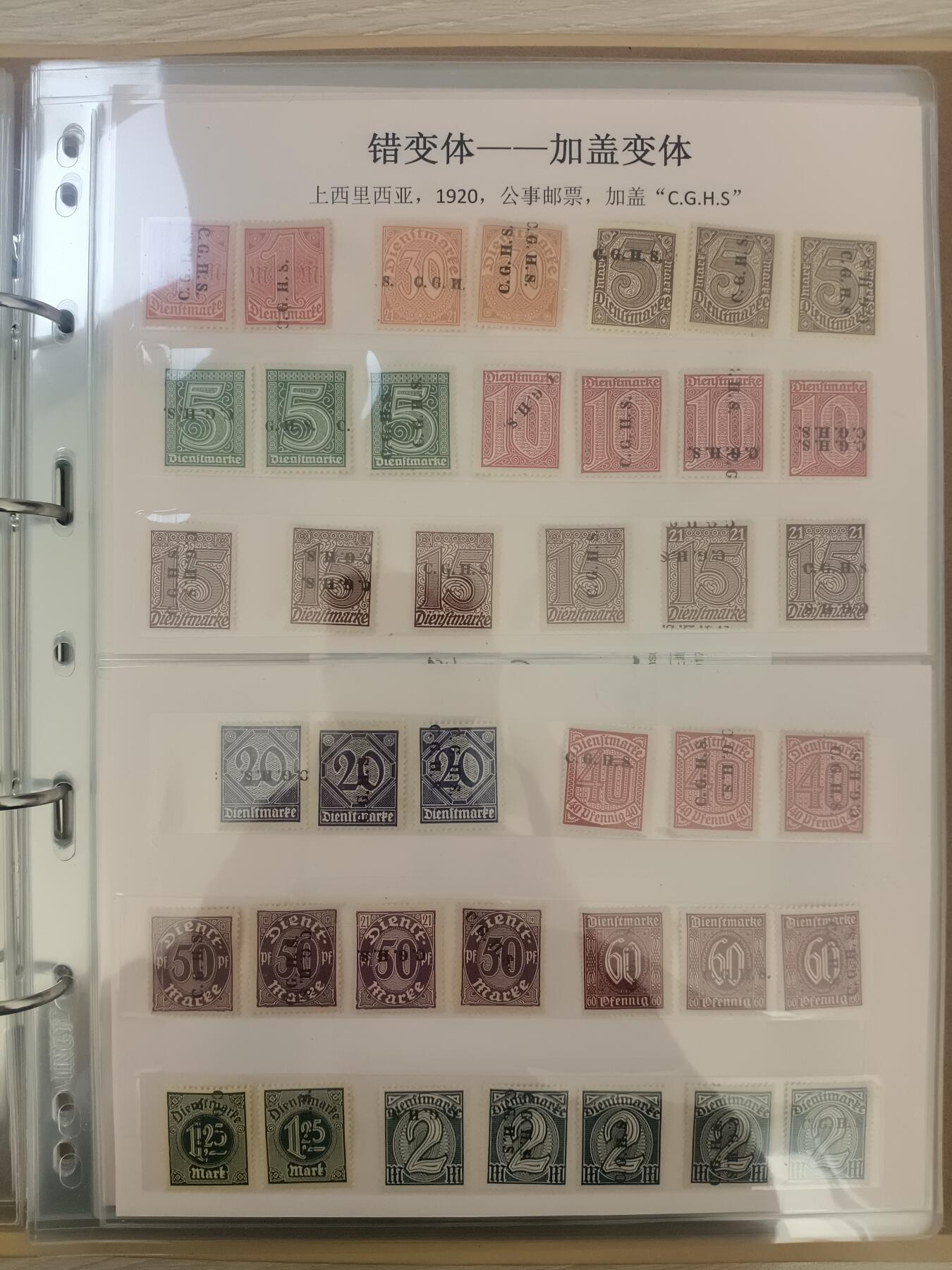错变体 —— 上西里西亚，1920-1921年，公事邮票加盖“C.G.H.S”加盖变体，全新38枚一组合售，赠二枚同时期地方公事票加盖变体  （店内编号121）