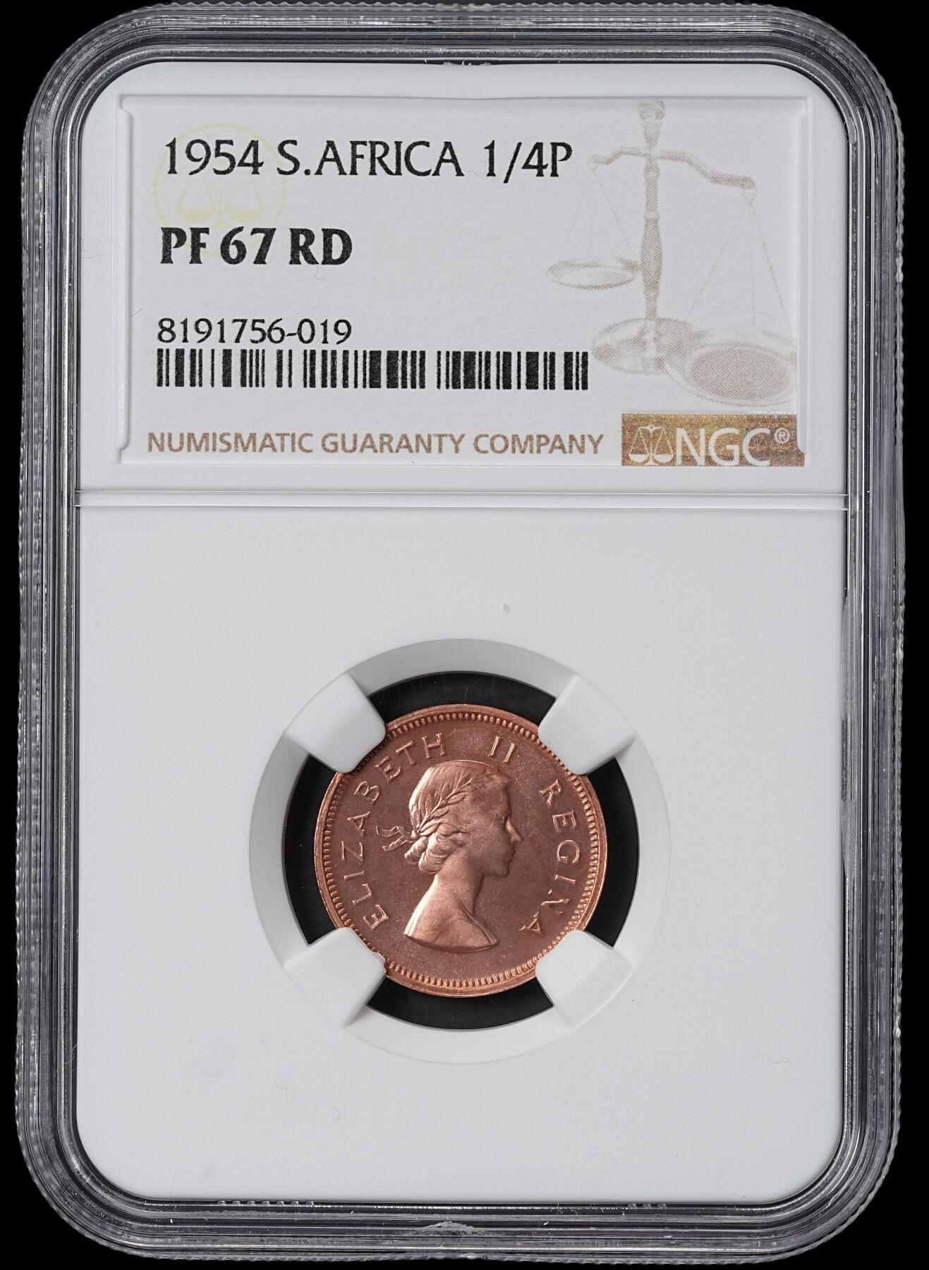 修遠堂世界钱币第六十二期 NGC PF67RD 1954年南非1/4便士精制铜币 仅铸造3150枚 RD顶级状态