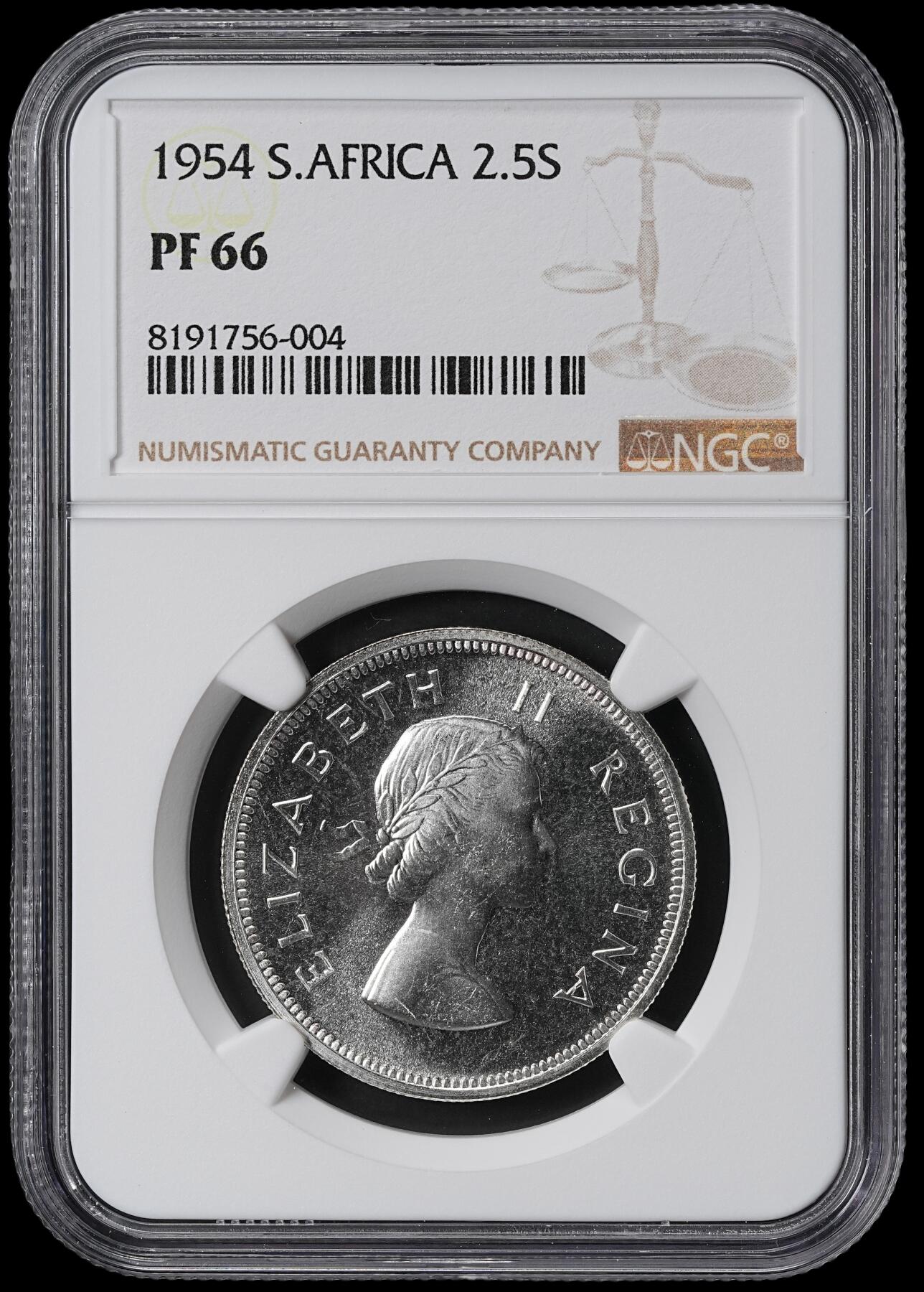 修遠堂世界钱币第六十二期 NGC PF66 1954年南非2.5先令精制银币 仅铸造3150枚