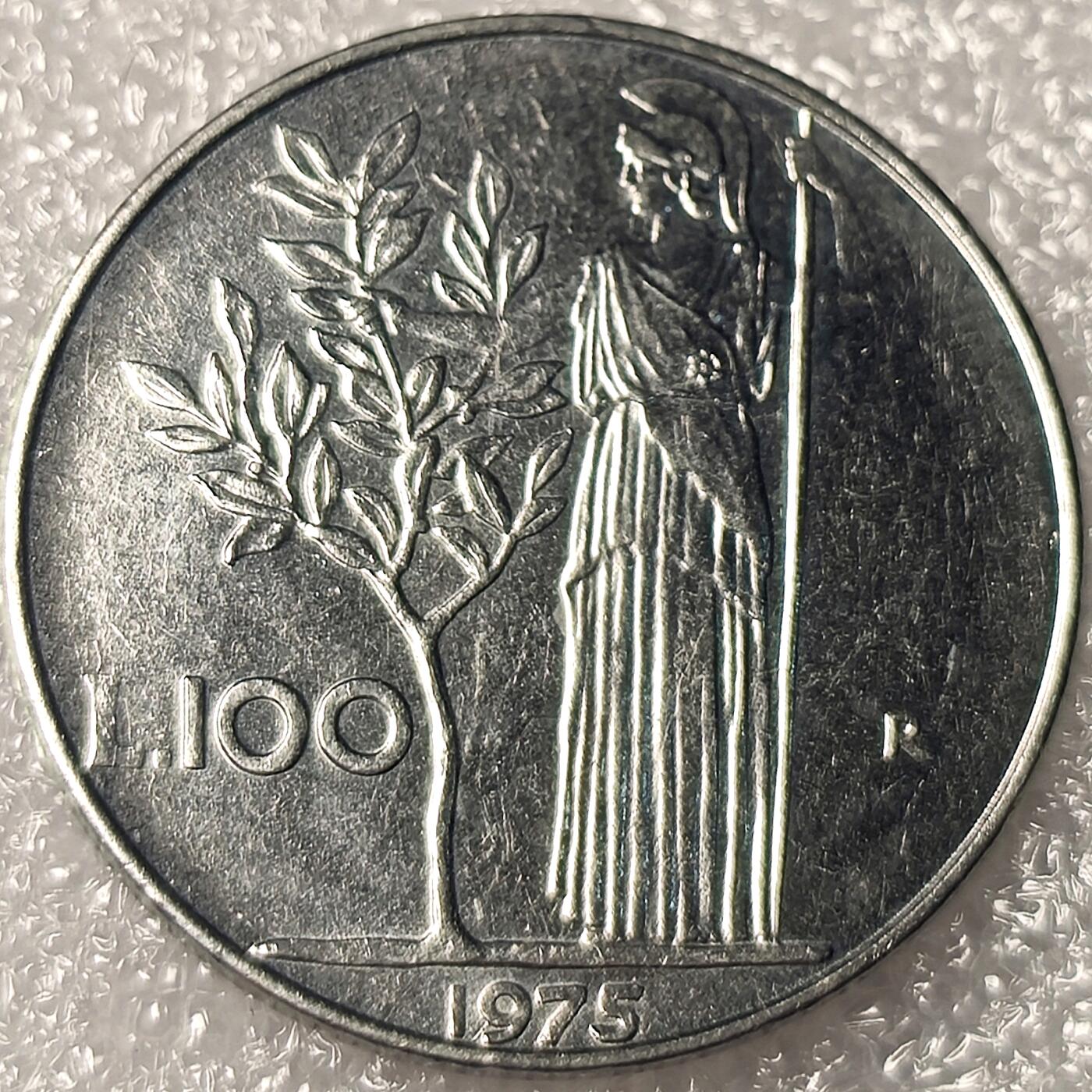 泉币菌-第11场-中外散币乐园 意大利1975-年100里拉合金钢币27.8mm智慧与战争女神弥涅耳瓦
