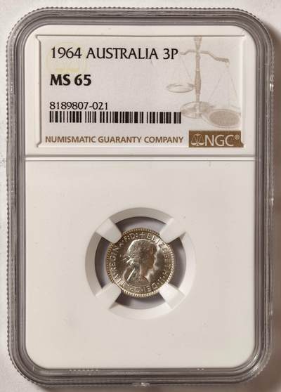 紫瑗钱币——第578期 - 澳大利亚 1964年 伊丽莎白二世 3便士 银币 NGC MS65