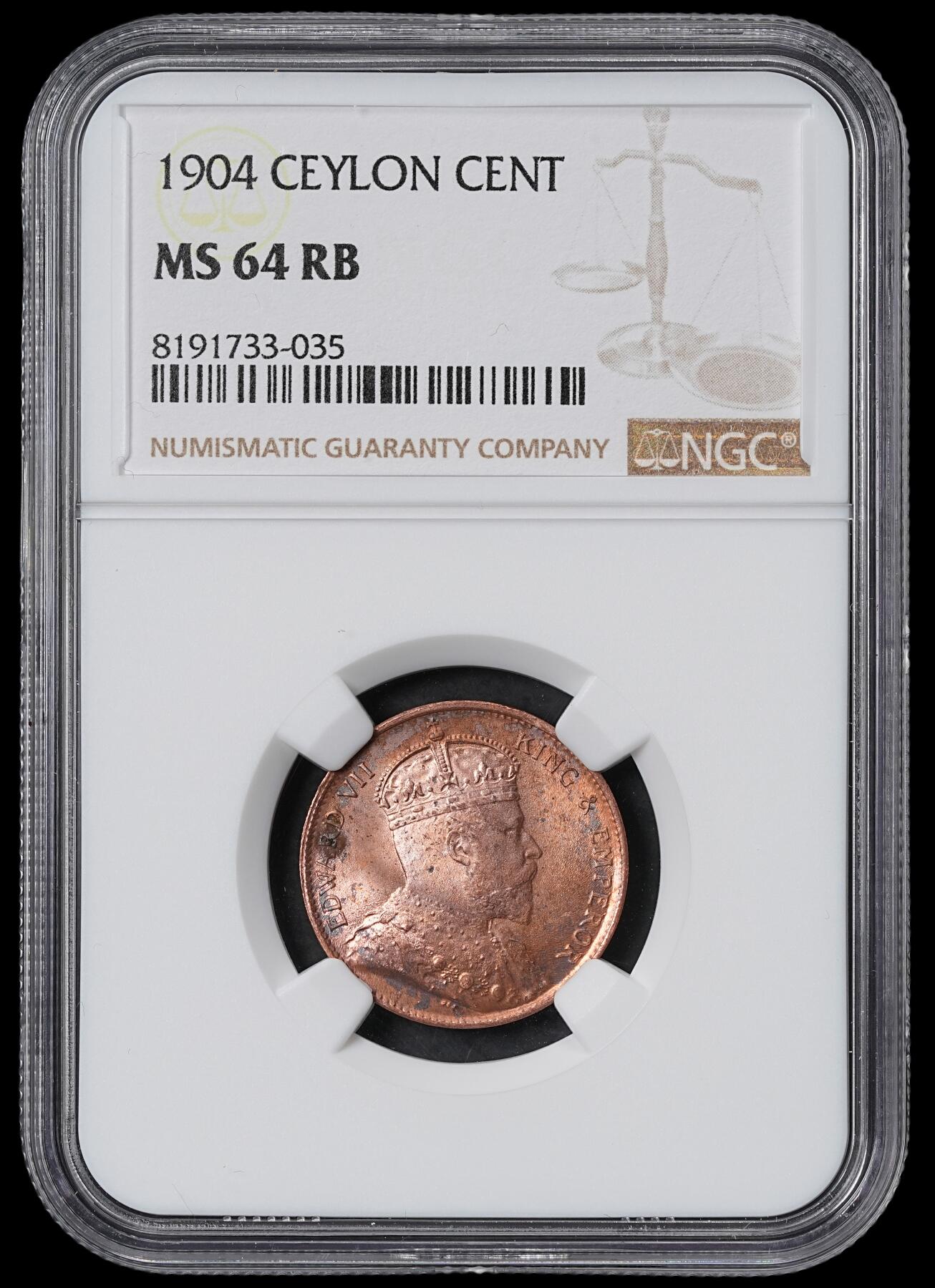 修遠堂世界钱币第六十二期 NGC MS64RB 1904年英属锡兰1分铜币