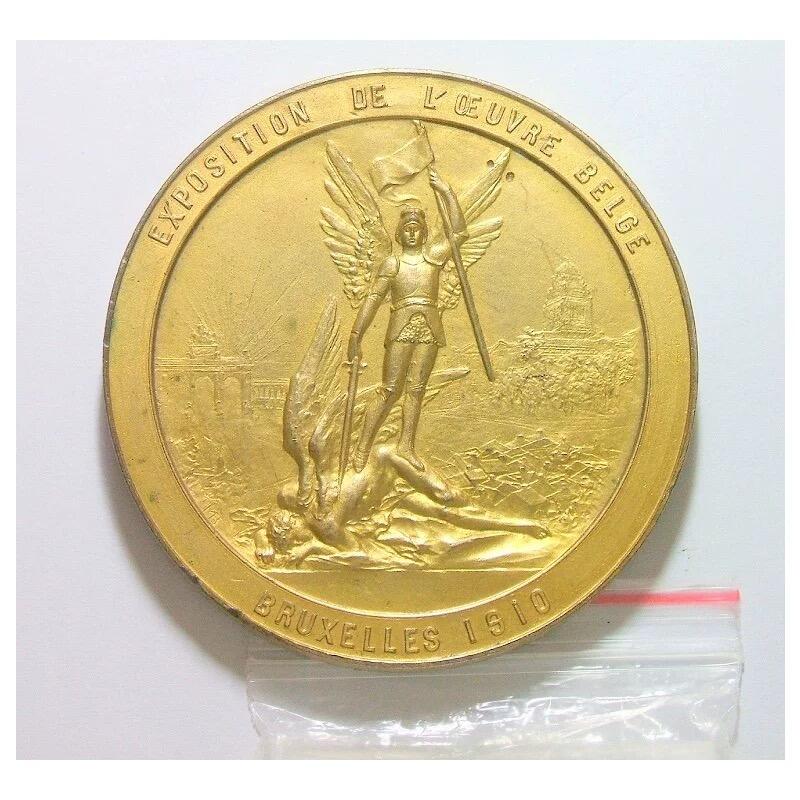 【艺术】比利时艺术大章1910年 阿尔贝一世+女神天使高浮雕精制超大镀金章 60MM 