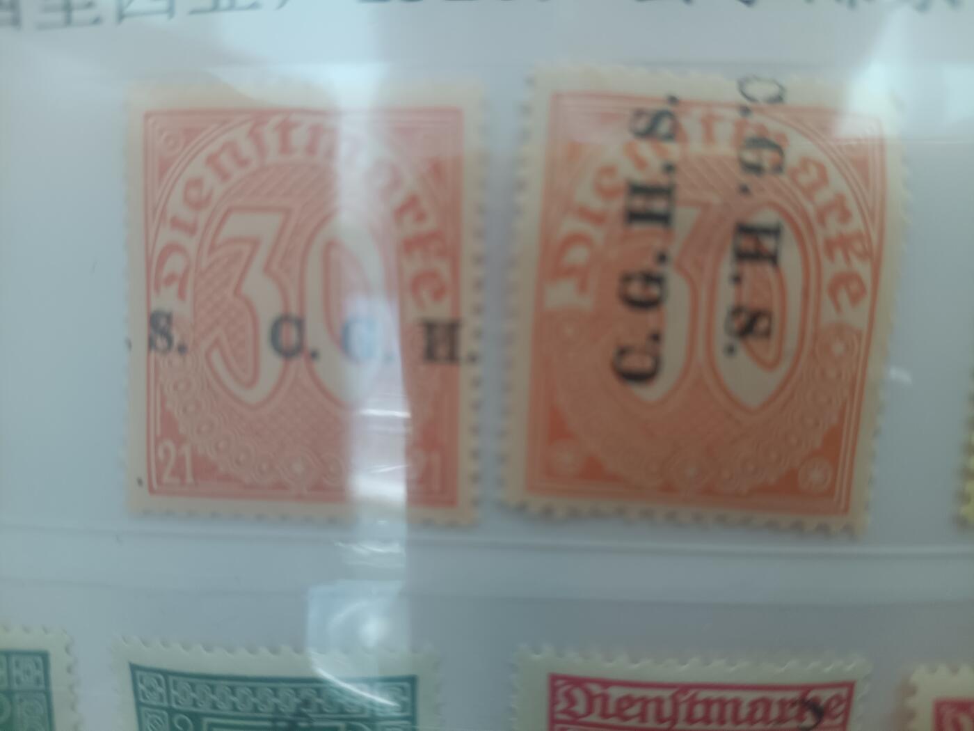 错变体 —— 上西里西亚，1920-1921年，公事邮票加盖“C.G.H.S”加盖变体，全新38枚一组合售，赠二枚同时期地方公事票加盖变体  （店内编号121）