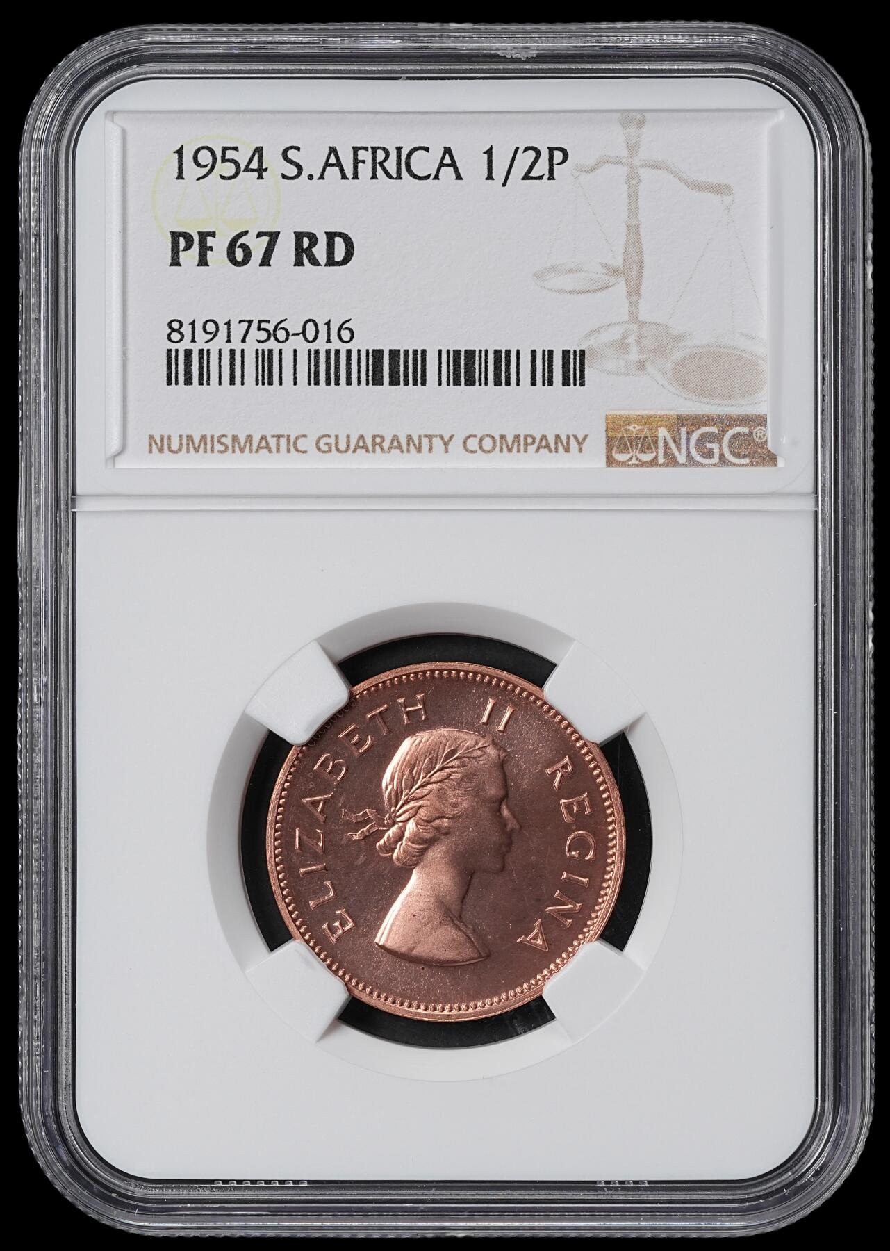 修遠堂世界钱币第六十二期 NGC PF67RD 1954年南非1/2便士精制铜币 仅铸造3150枚 RD顶级状态 冠军分