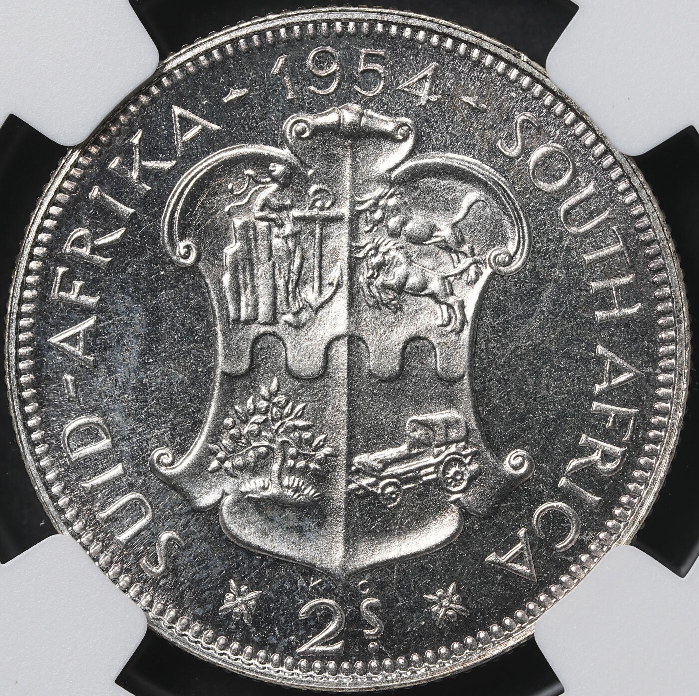 修遠堂世界钱币第六十二期 NGC PF65 1954年南非2先令精制银币 仅铸造3150枚